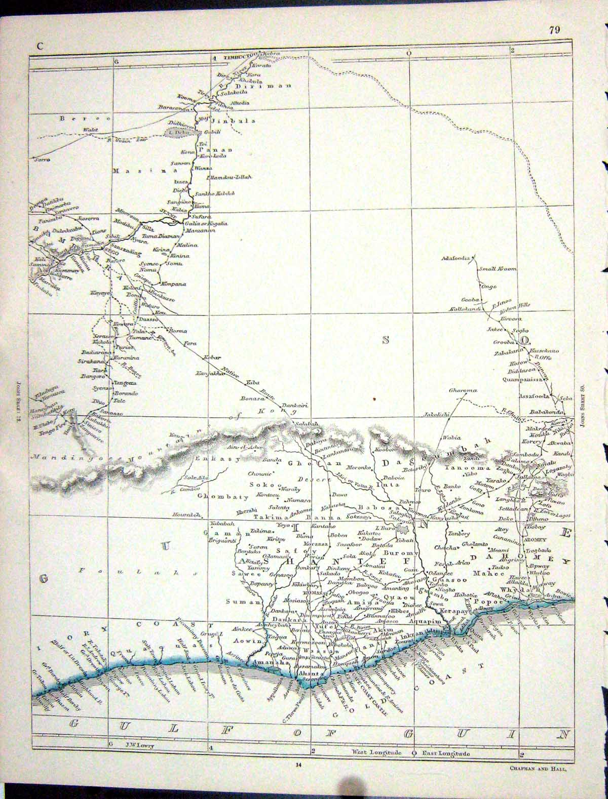 Original Old Antique Print Lowry Map 1853 Africa Shantef Dahomey GCoast 19th