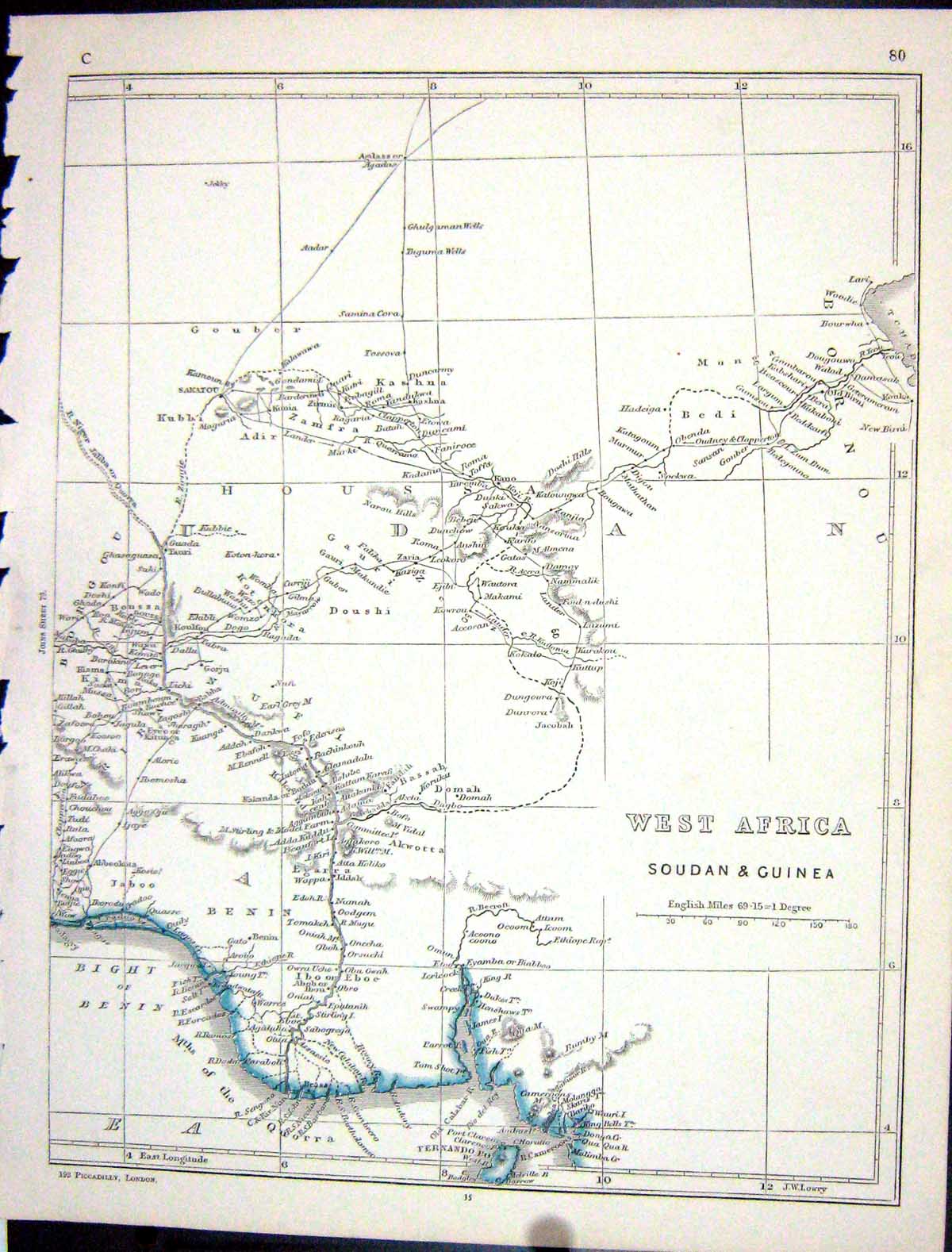 Original Old Antique Print Lowry Map 1853 West Africa Soudan Guinea Bight Benin