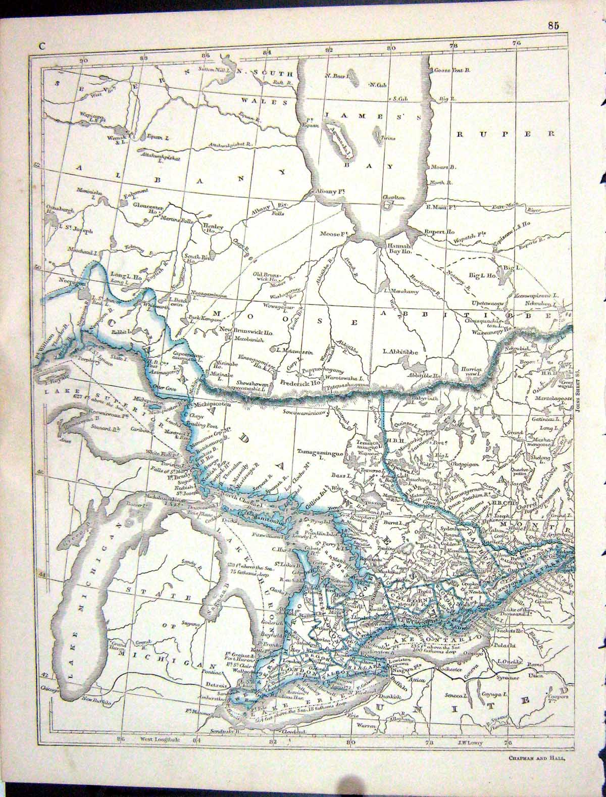 Antique Old Print Lowry Map 1853 Canada Michigan James'S Bay Lake Superior 19th