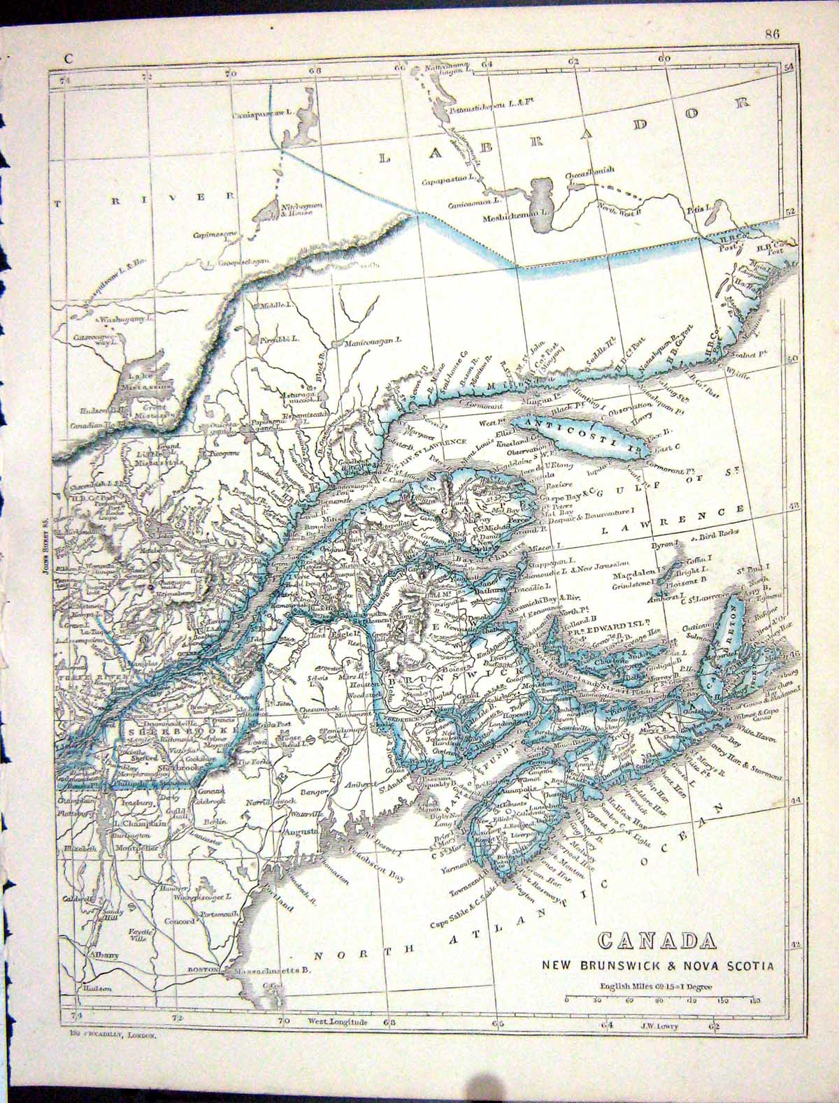 Antique Print Lowry Map 1853 Canada New Brunswick Nova Scotia Gulf Lawrence