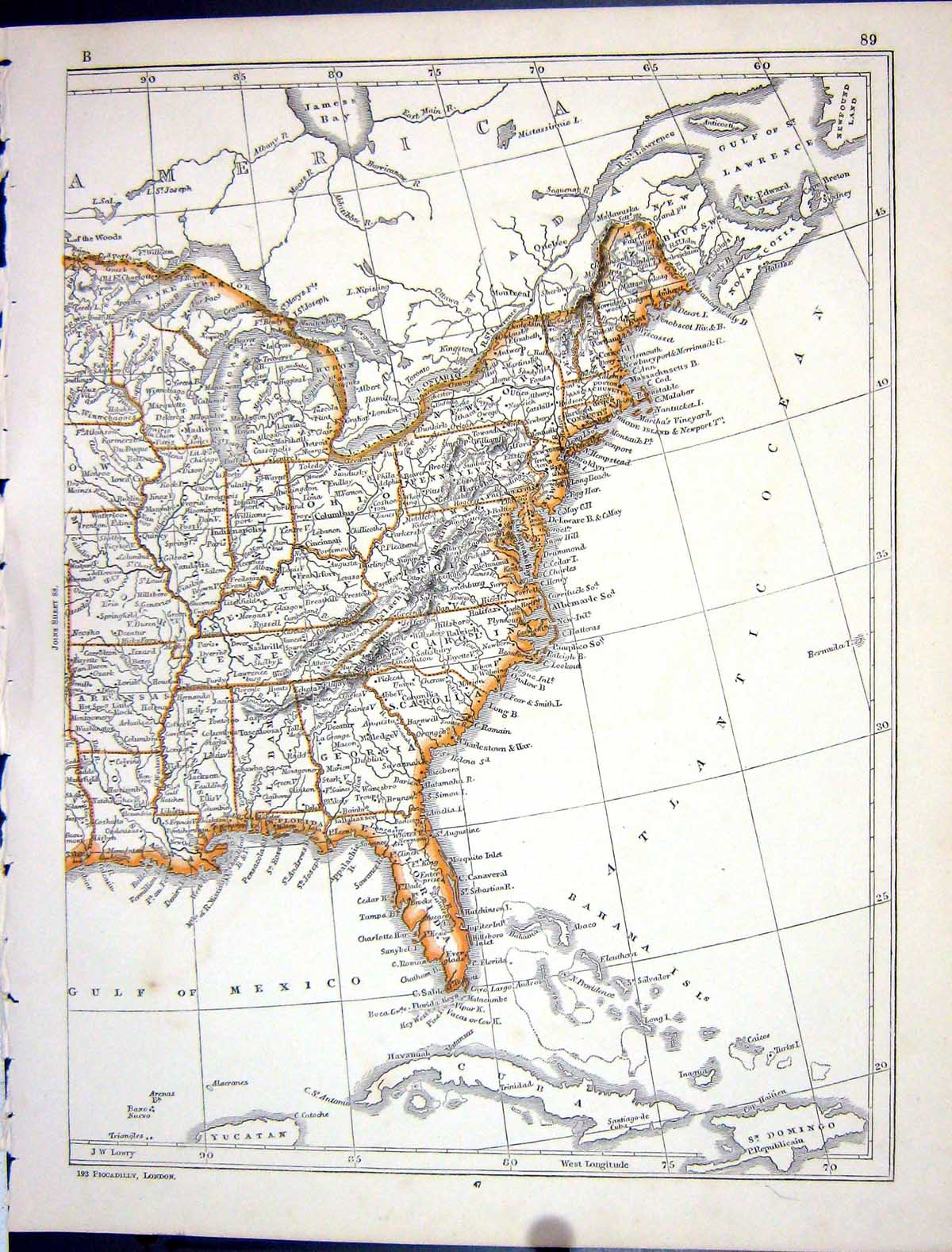 Old Antique Print Lowry Map 1853 America Florida Alabama Atlantic Ocean 19th