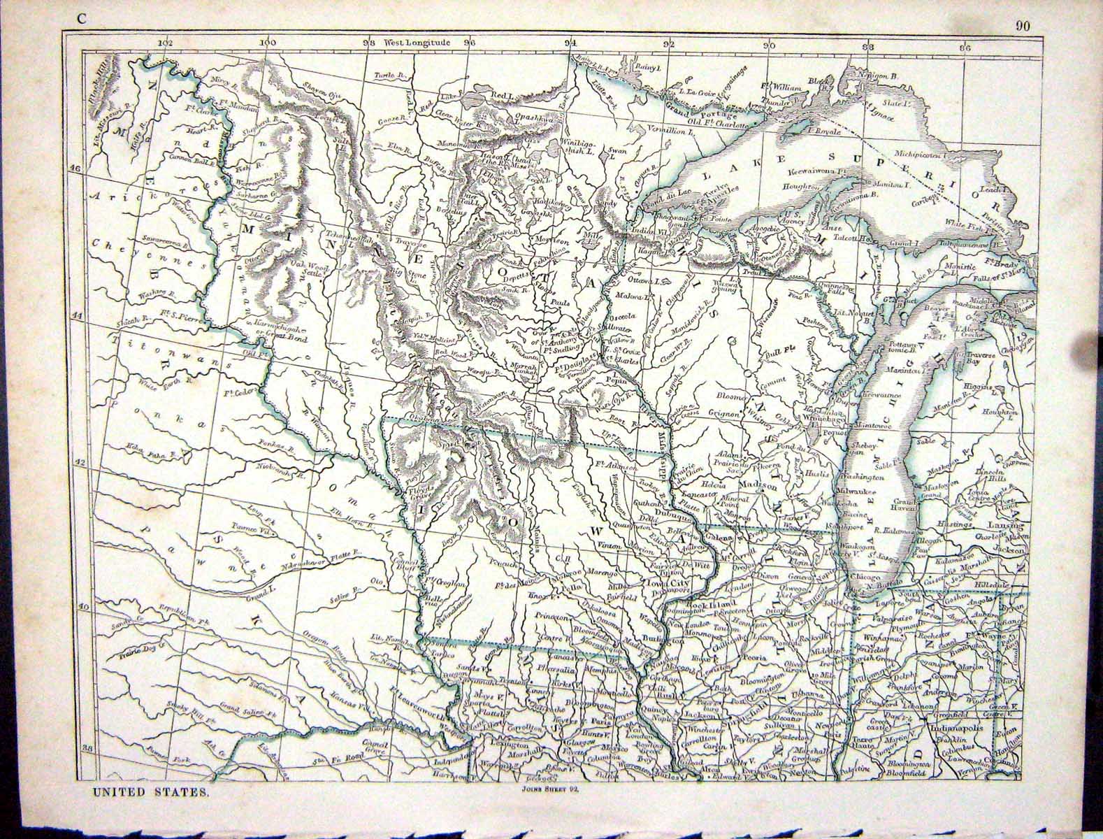 Old Antique Print Lowry Map 1853 United States America Iowa Lake Michigan 19th