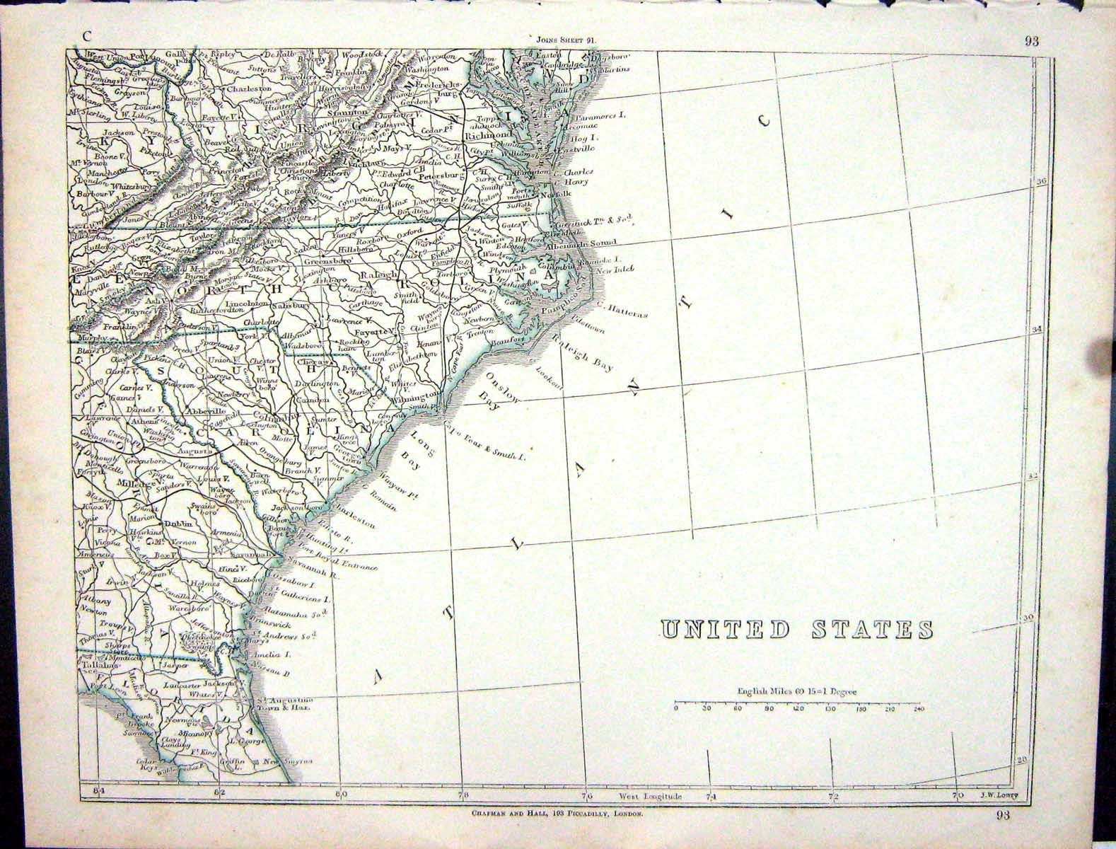 Antique Old Print Lowry Map 1853 United States America North Carolina Florida