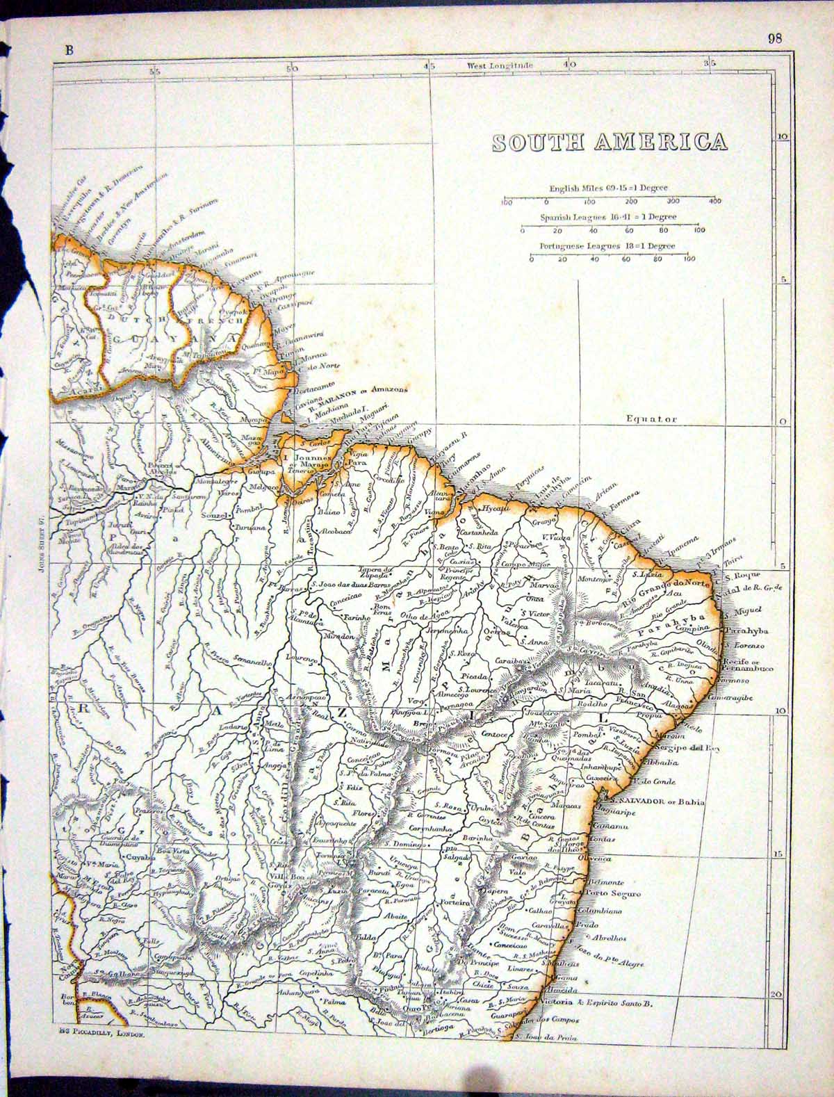 Original Old Antique Print Lowry Map 1853 South America Brazil Salvador Maranon