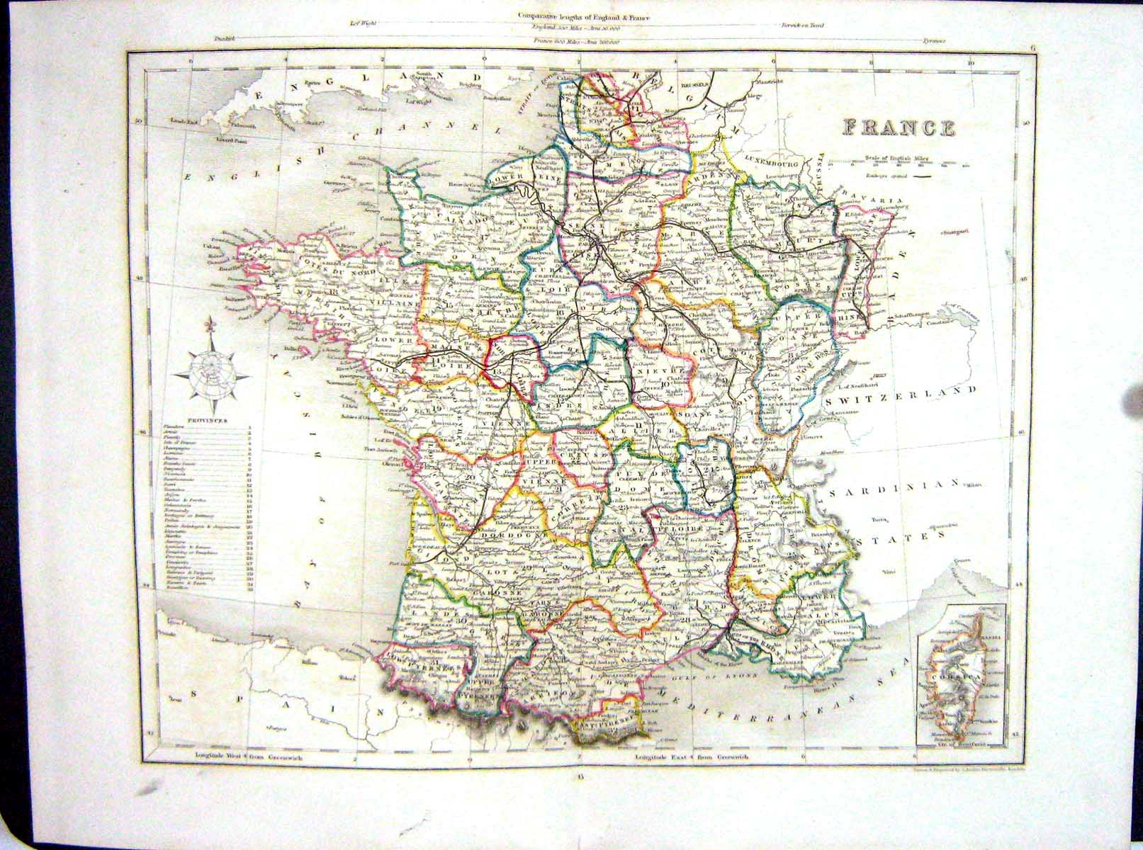 Old Archer College Map C1875 France Corsica Bay Biscay Mediterranean Victorian