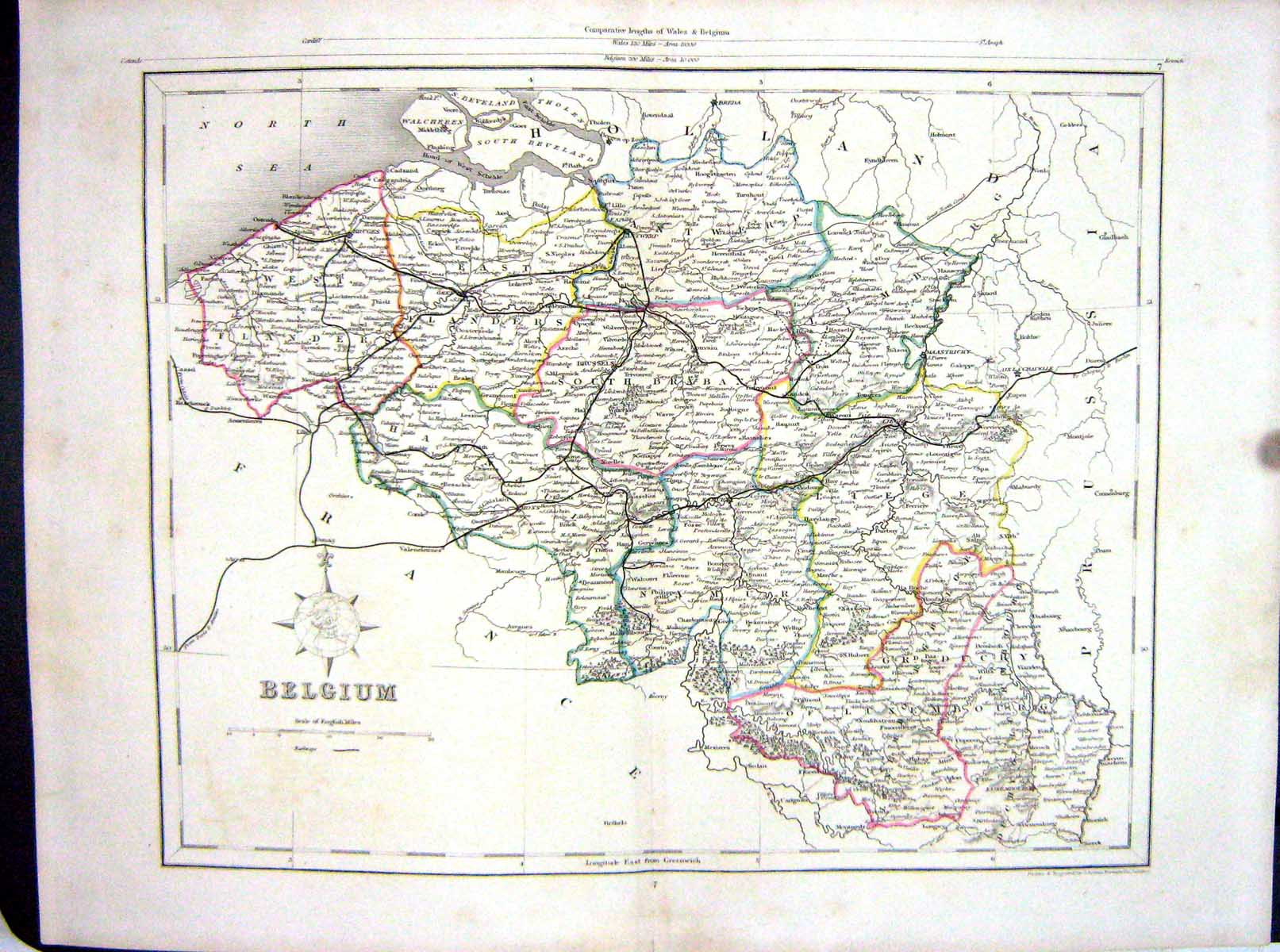 Antique Print Archer College Map C1875 Belgium Flanders Luxembourg Brussels