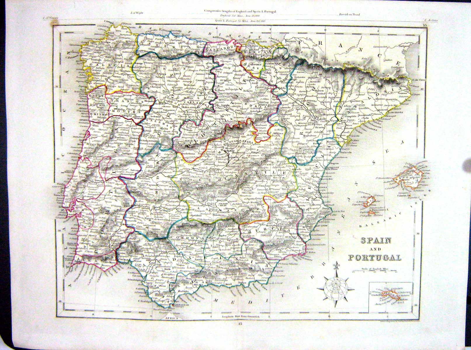 Old College Map C1875 Archer Spain Portugal Ibiza Majorca Minorca Gib Victorian