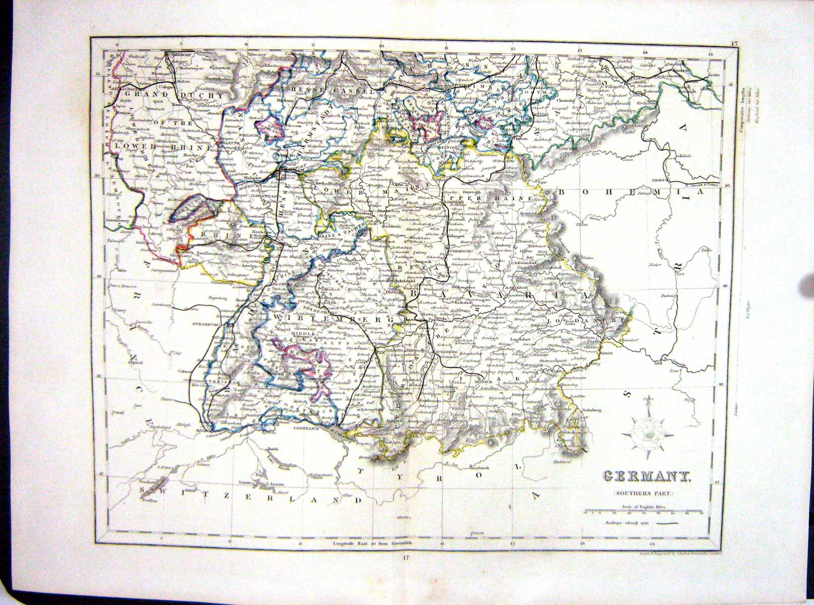 Old Print Germany Wirtemberg Bavaria Rhine Duchy College Map C1875 Archer 19th