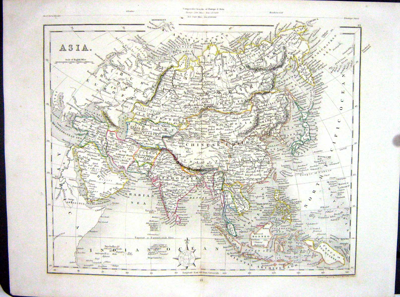 Old Asia Philippine China India Japan Arabia Borneo College Map C1875 Victorian