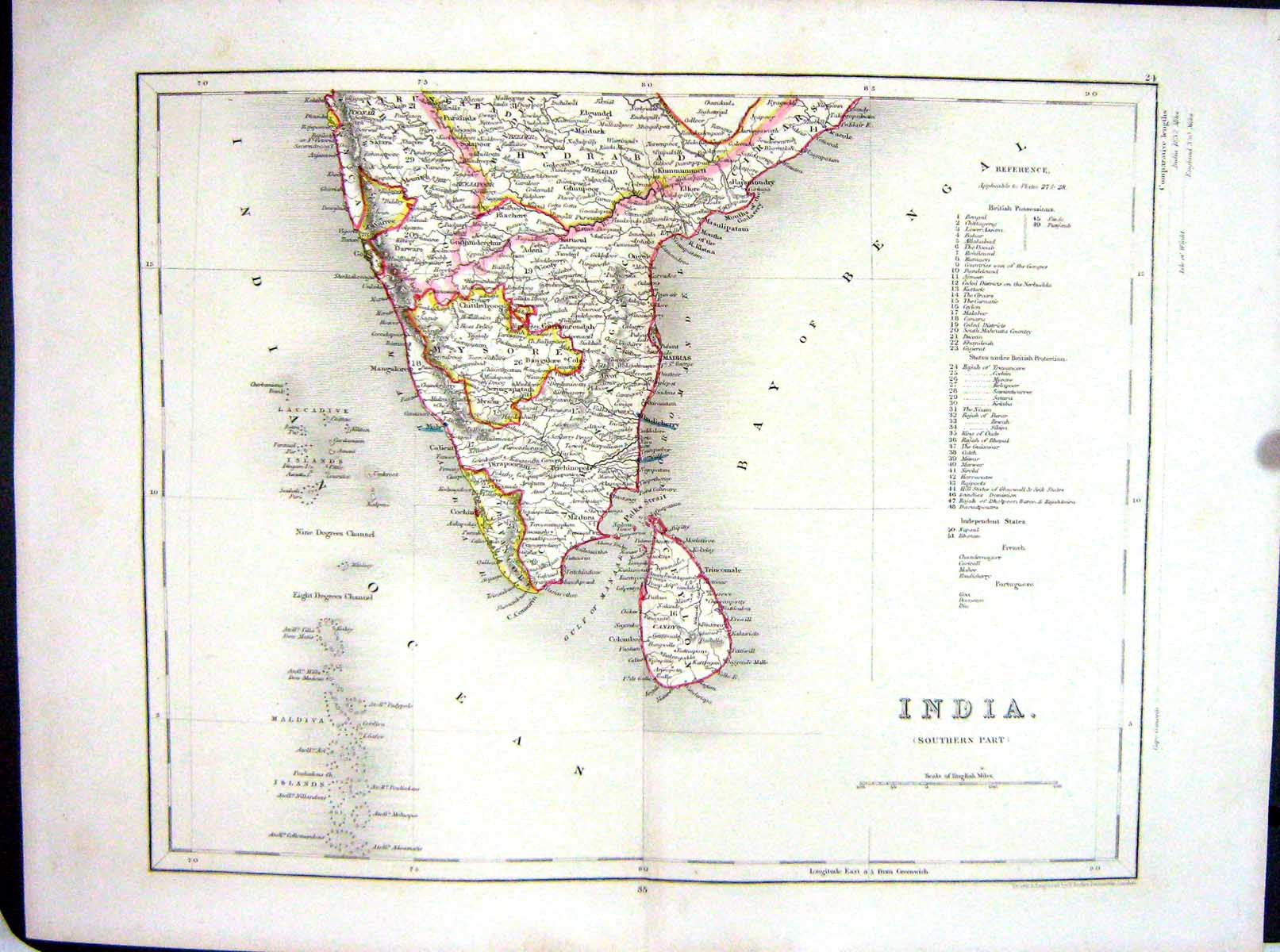 Old India Ceylon Mysore Bay Bengal Indian Ocean College Map C1875 Arc Victorian
