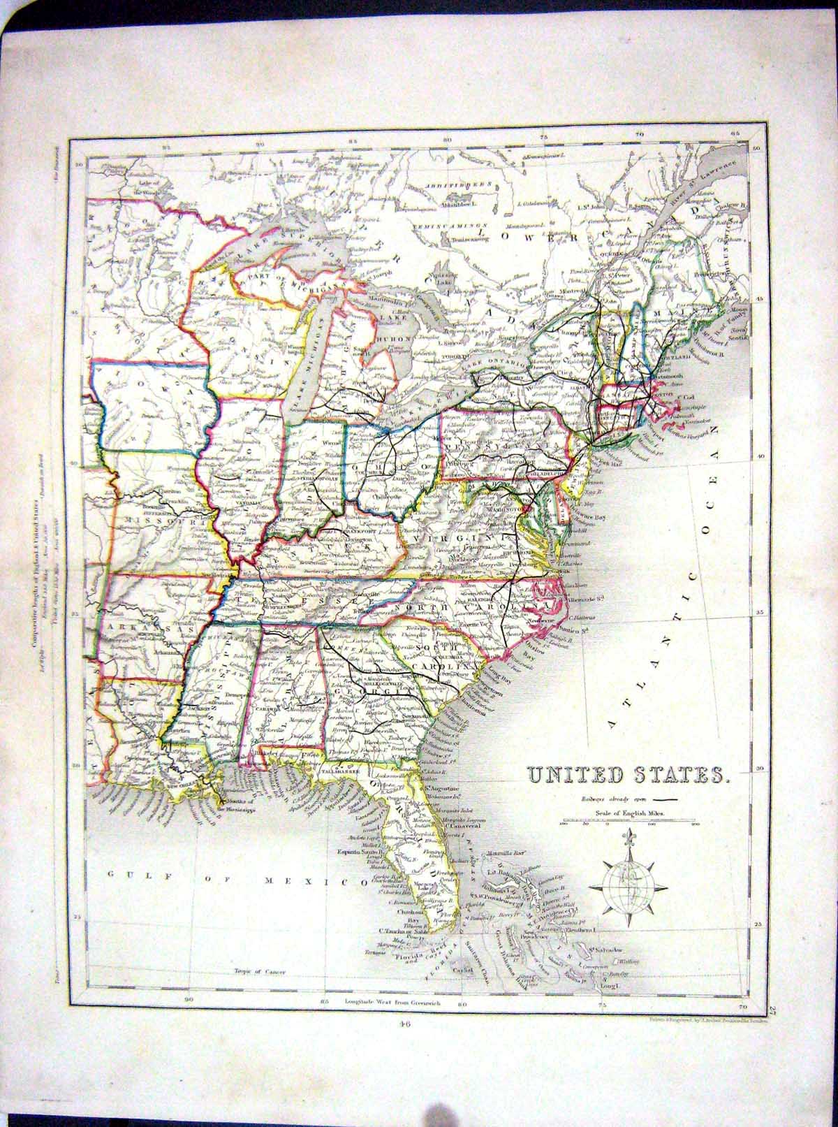 Old United States America Florida Missouri Virginia College Map C1875 Victorian