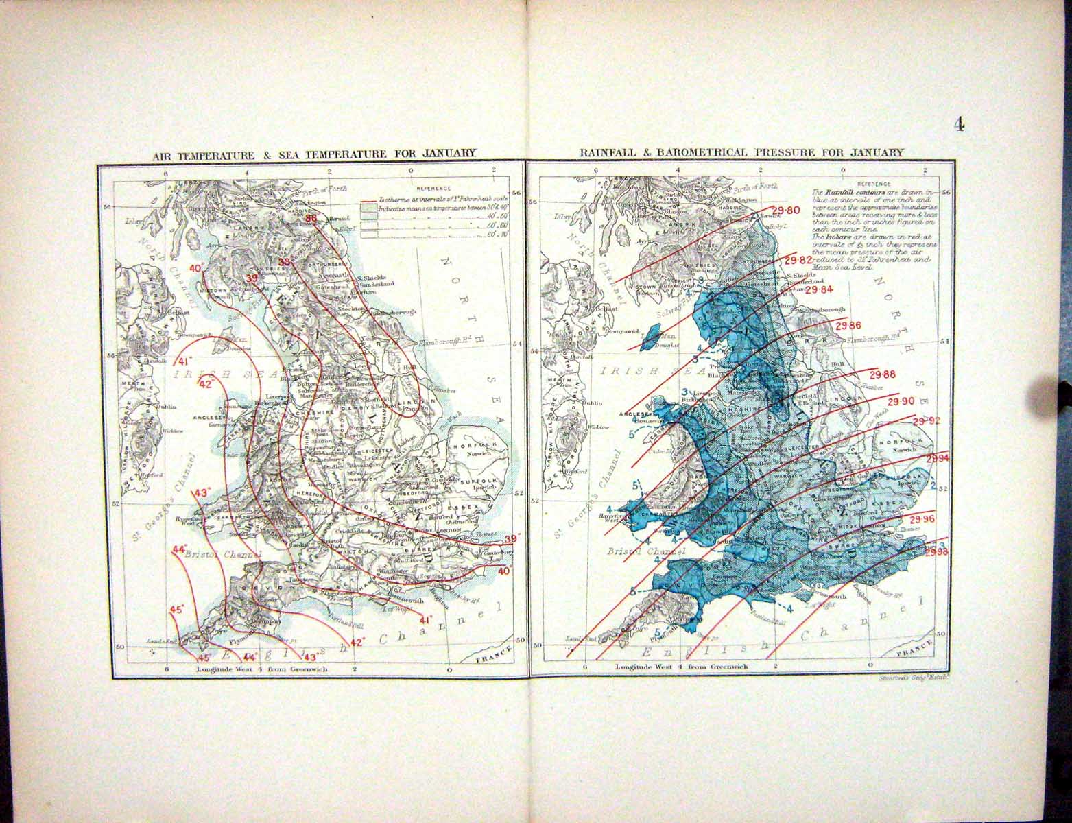Old Stanford Map 1885 England Wales Air Sea Temperature July Rainfall Victorian