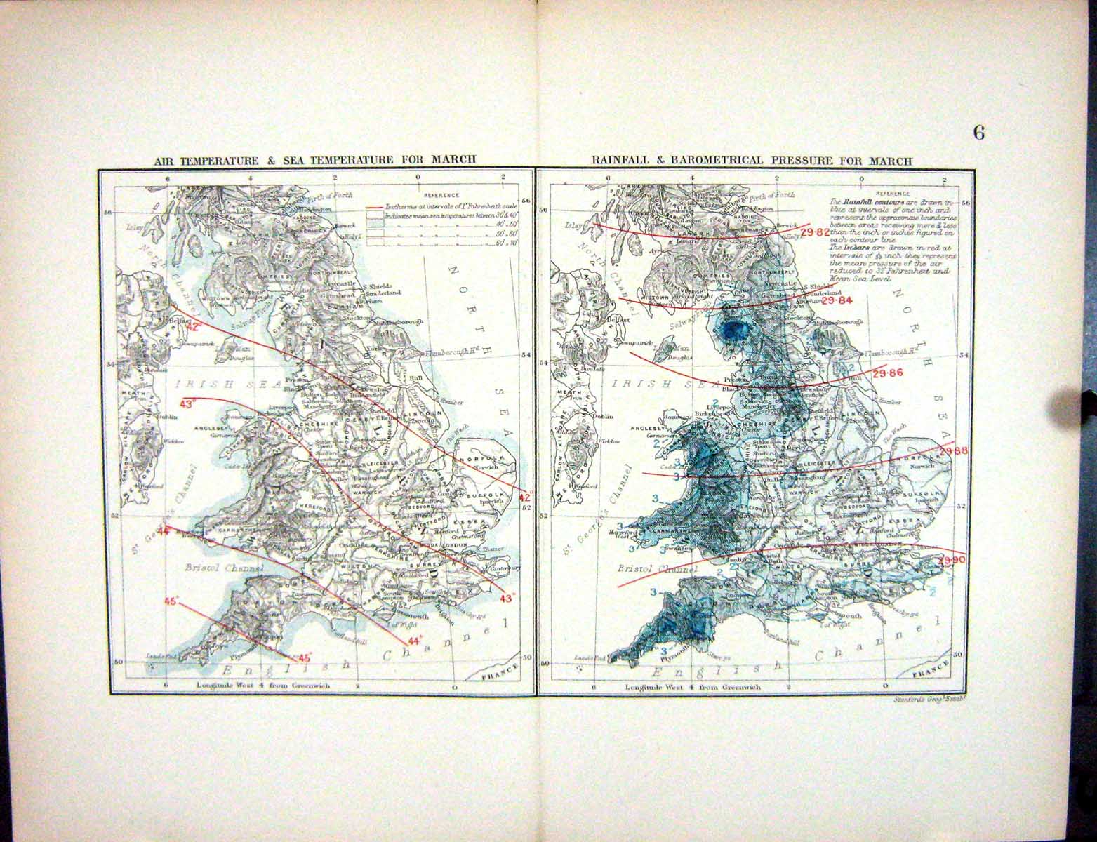 Old Stanford Map 1885 England Wales Air Temperature March Barometrica Victorian