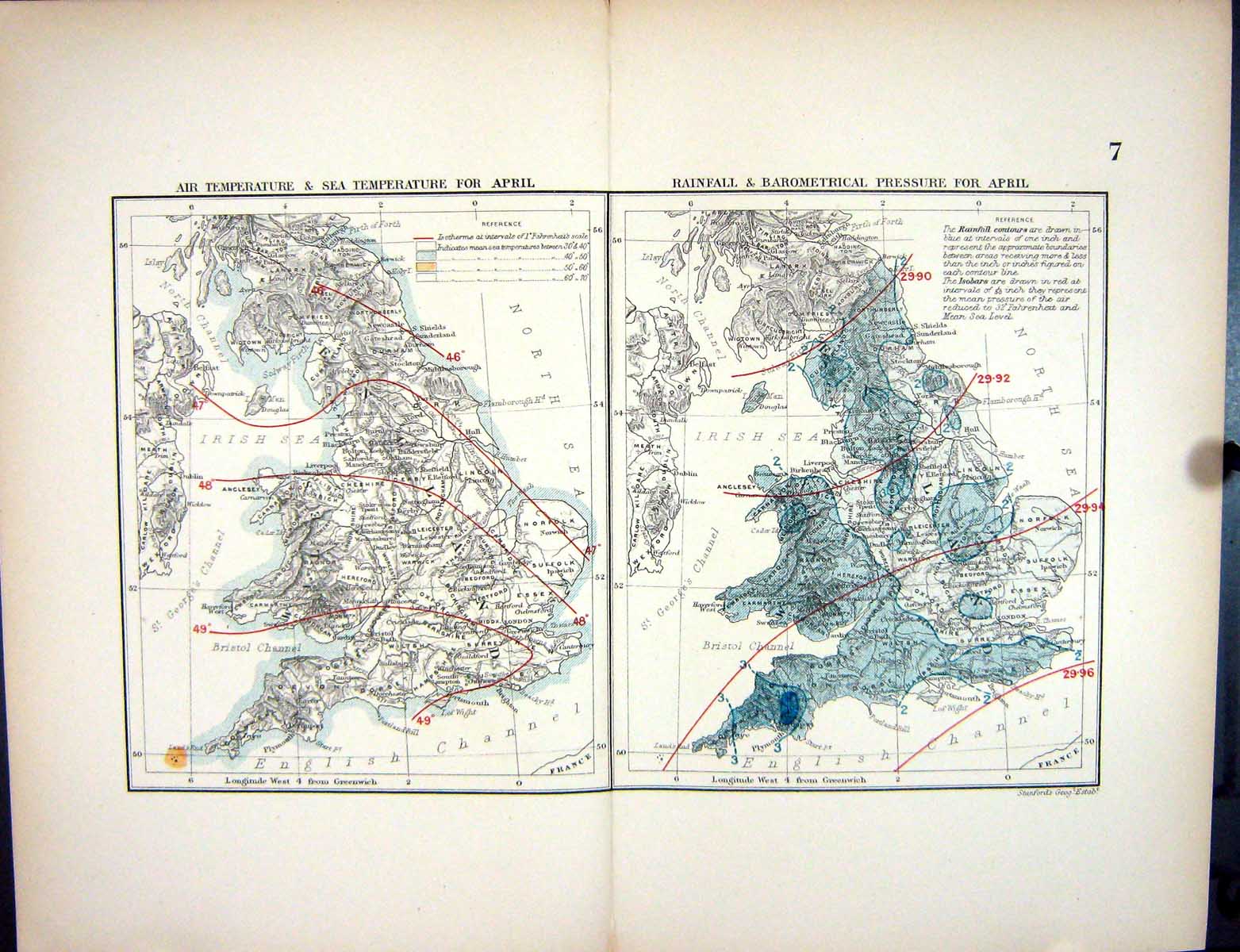 Old England Wales Air Temperature April Barometrical Stanford Map 188 Victorian