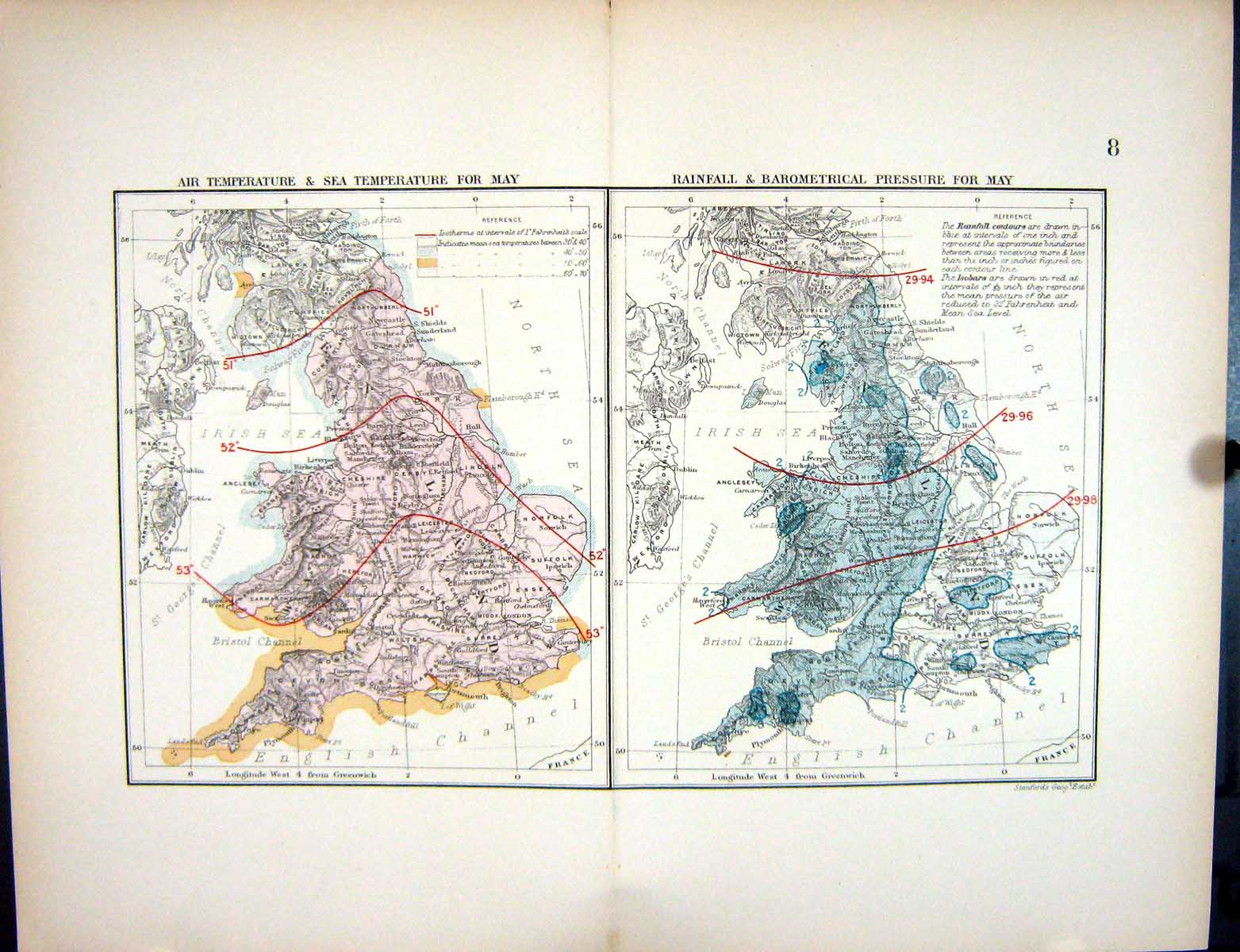 Old Stanford Map 1885 England Wales Air Temperature May Rainfall Pres Victorian