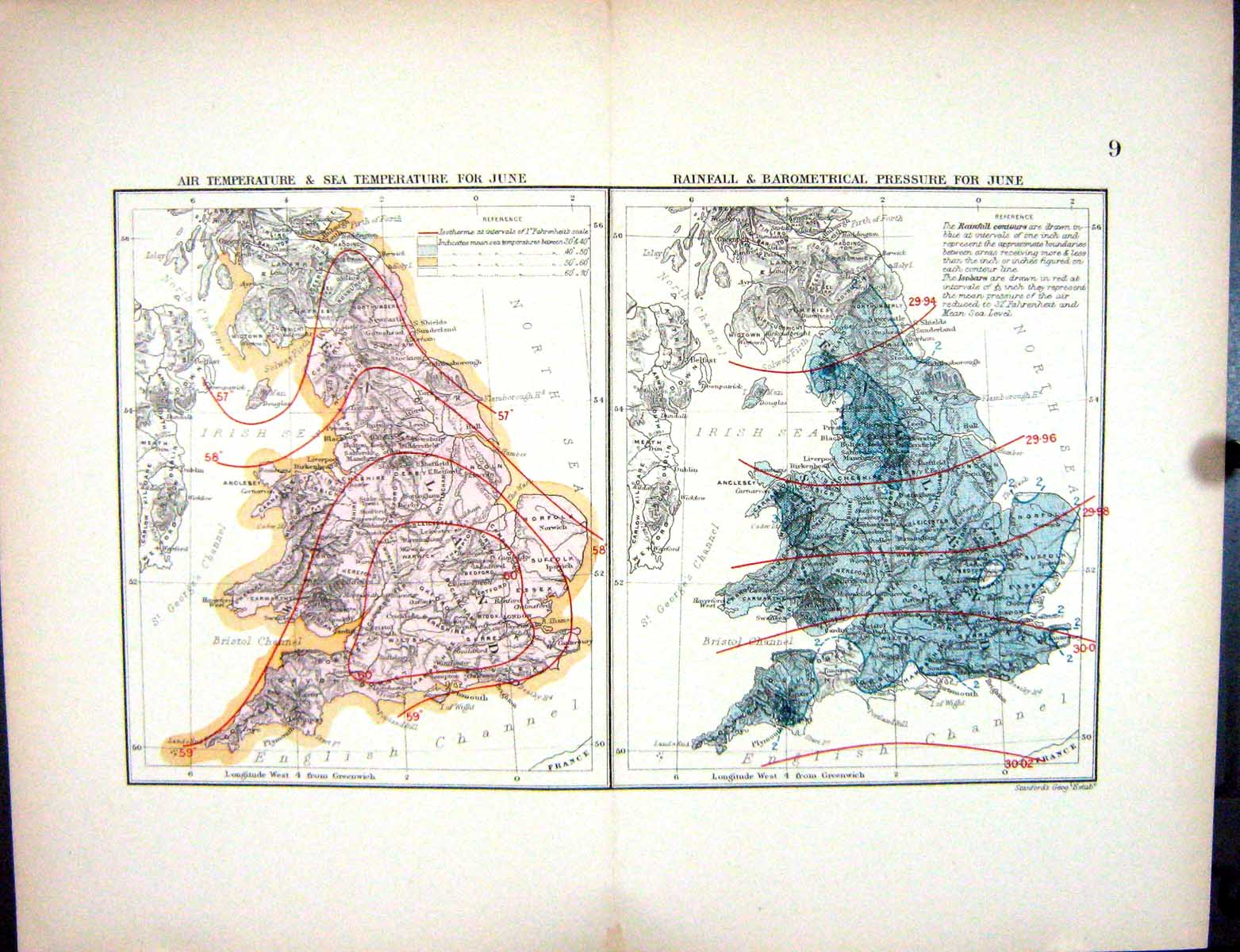 Old England Wales June Temperature Barometrical Pressure Stanford Map