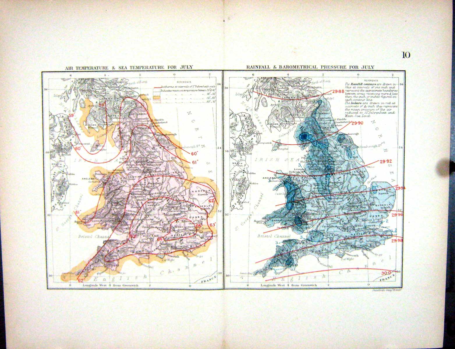 Old Stanford Map 1885 England Wales Temperature July Barometrical Pre Victorian