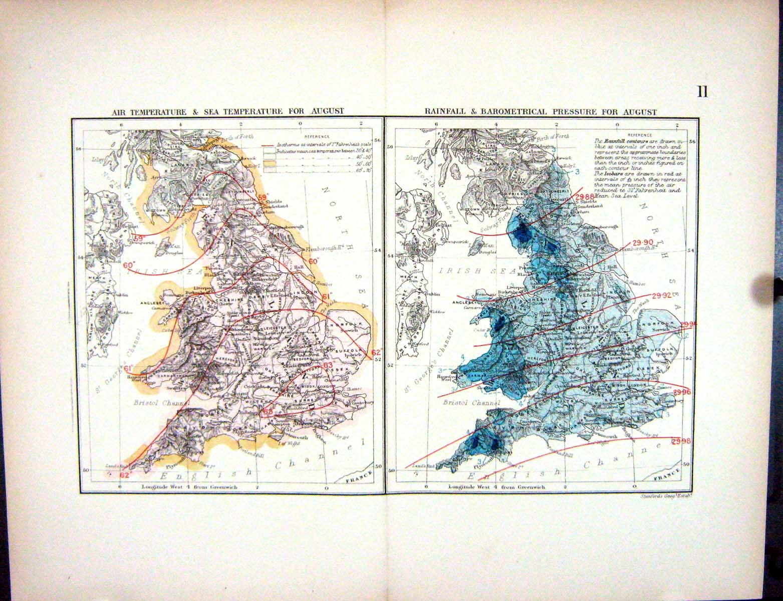 Old Stanford Map 1885 Air Temperature England Wales August Barometric Victorian