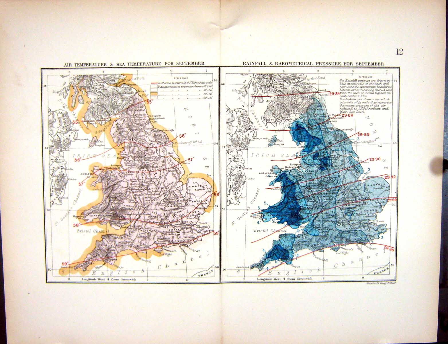 Old Stanford Map 1885 England Wales Temperature September Rainfall Pr Victorian