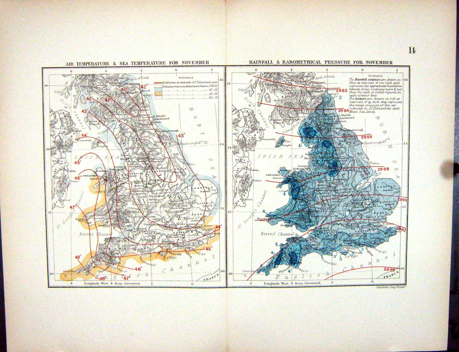Antique Print Temperature November Rainfall Stanford Map 1885 England Wales