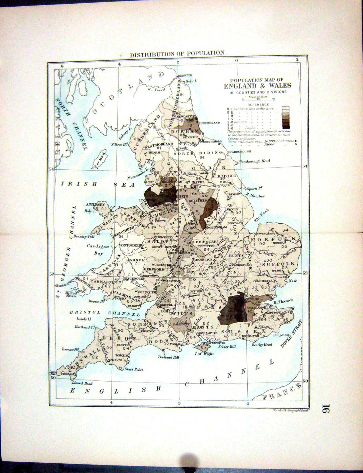 Antique Print Stanford Map 1885 Population England Wales Counties Divisions