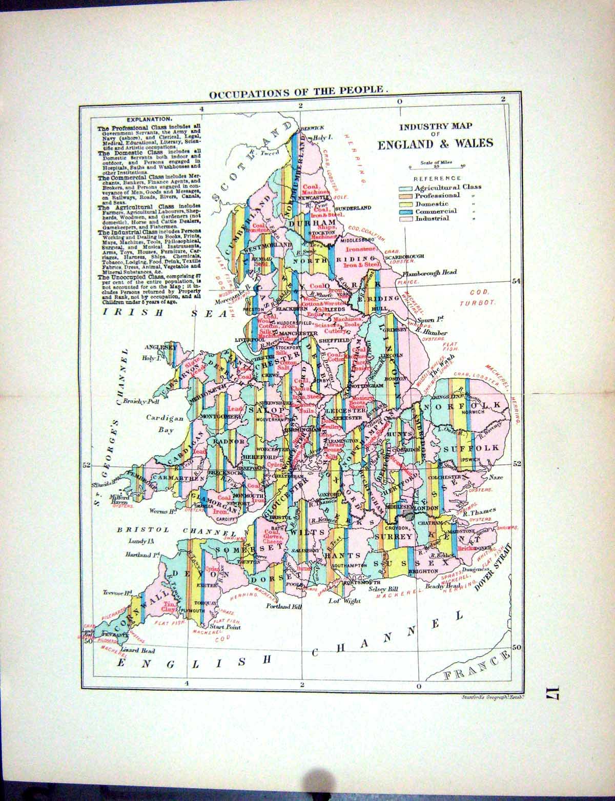 Antique Old Print Stanford Map 1885 Industry England Wales Occupations People