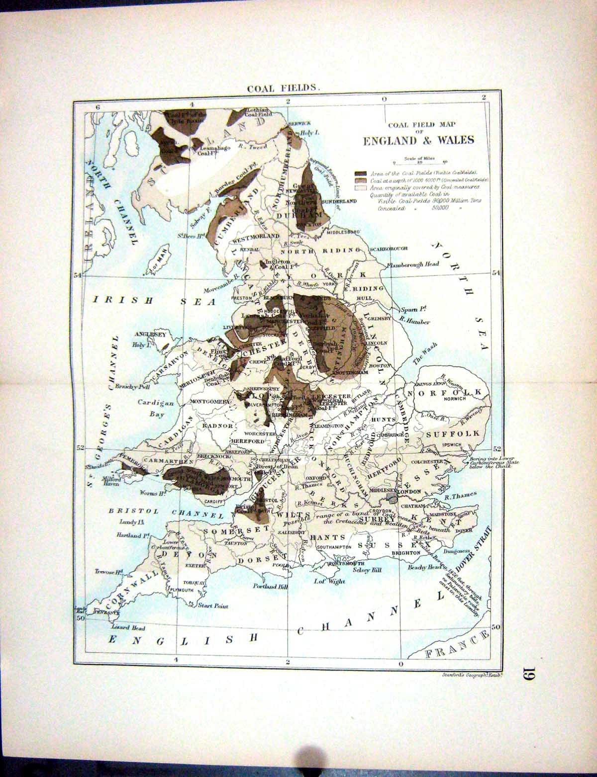 Original Old Antique Print Stanford Map 1885 Coal Fields England Wales Counties