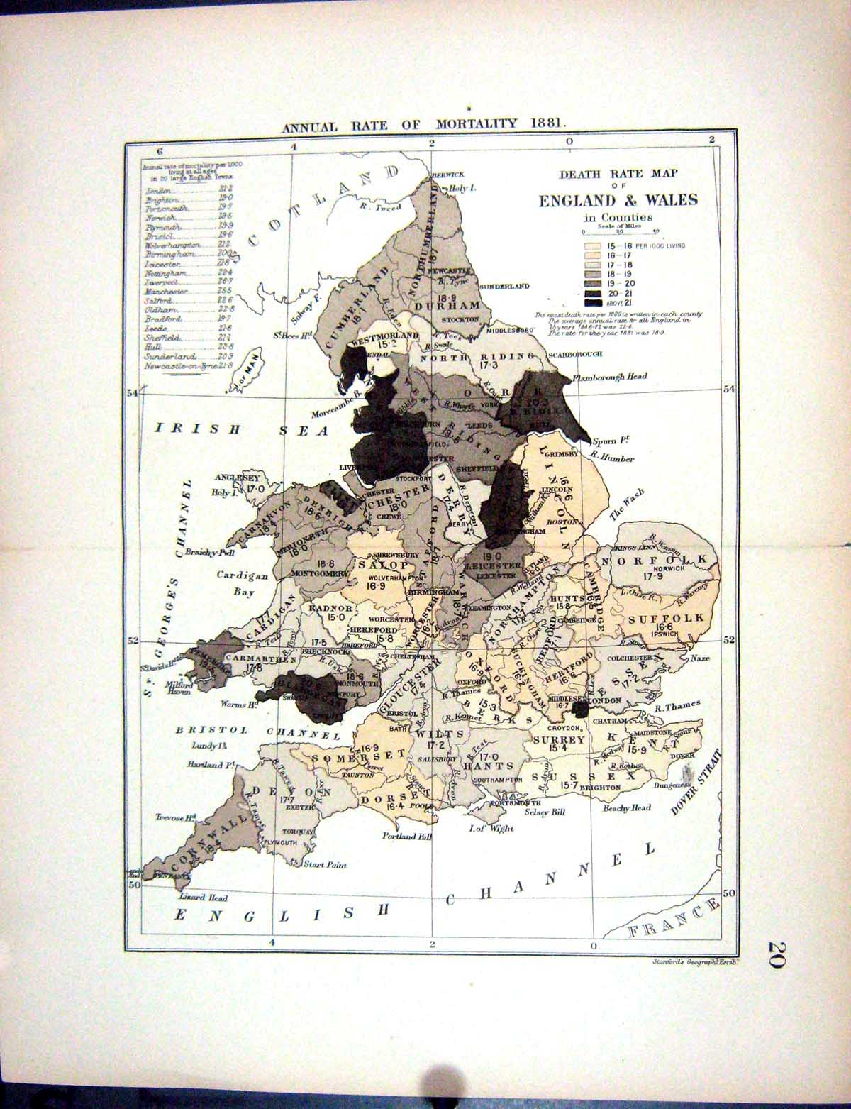 Antique Print Death Rate Mortality England Wales Counties Stanford Map 1885