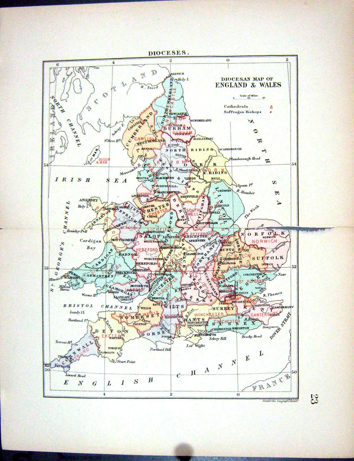 Antique Old Print Diocesan England Wales Counties Divisions Stanford Map 1885