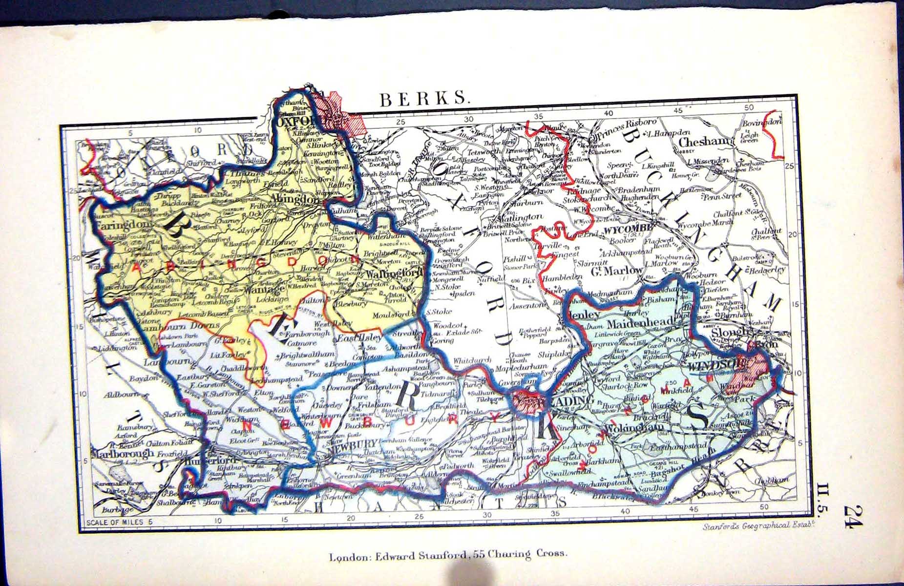 Old Stanford Map 1885 England Berks Newbury Reading Windsor Faringdon Victorian