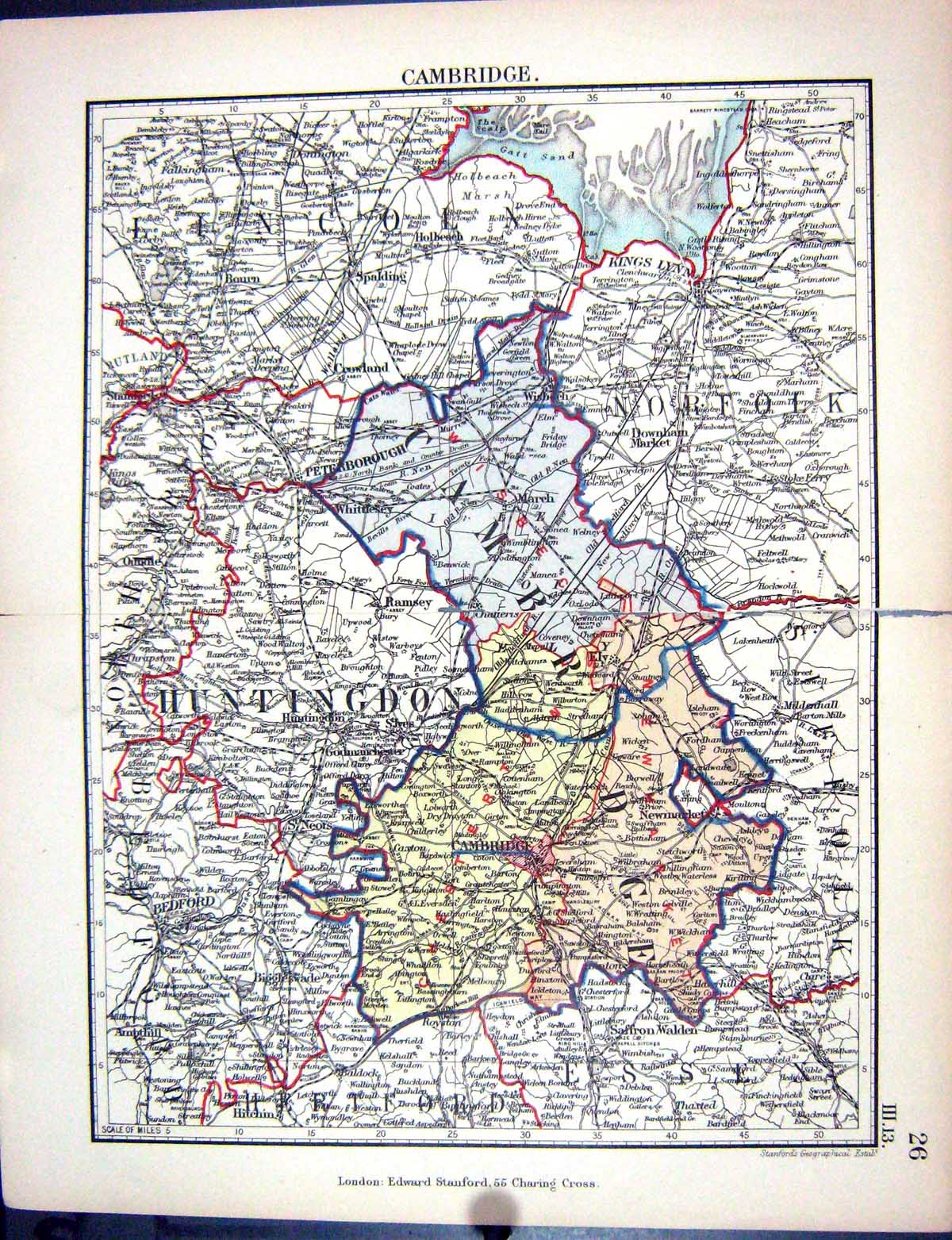 Old Stanford Map 1885 England Cambridge Peterborough Huntingdon Bedfo Victorian