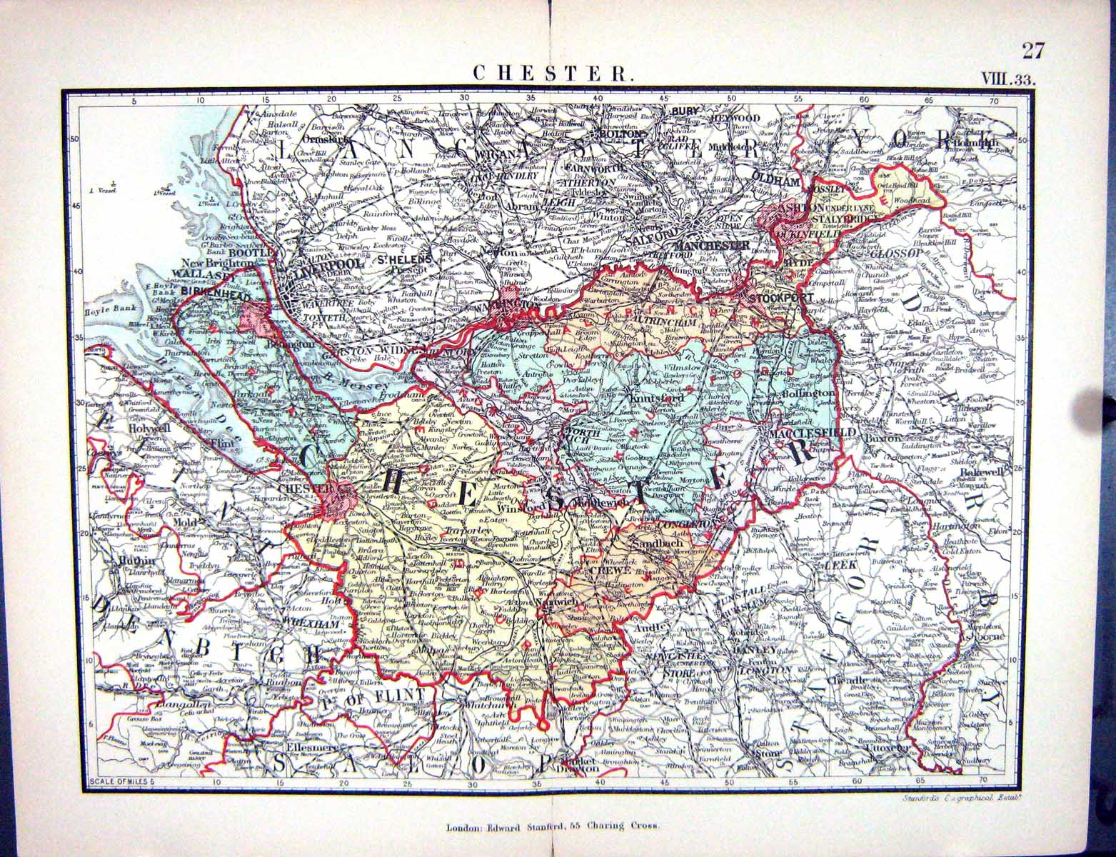 Old Stanford Map 1885 England Chester Crewe Stockport Knutsford Birke Victorian