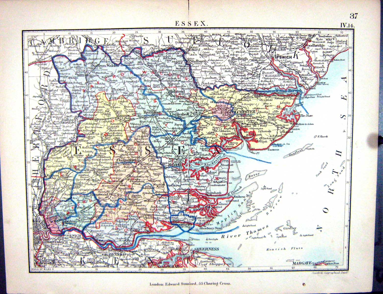 Old Print Stanford Map 1885 Essex England Colchester Chelmsford Braintree 19th
