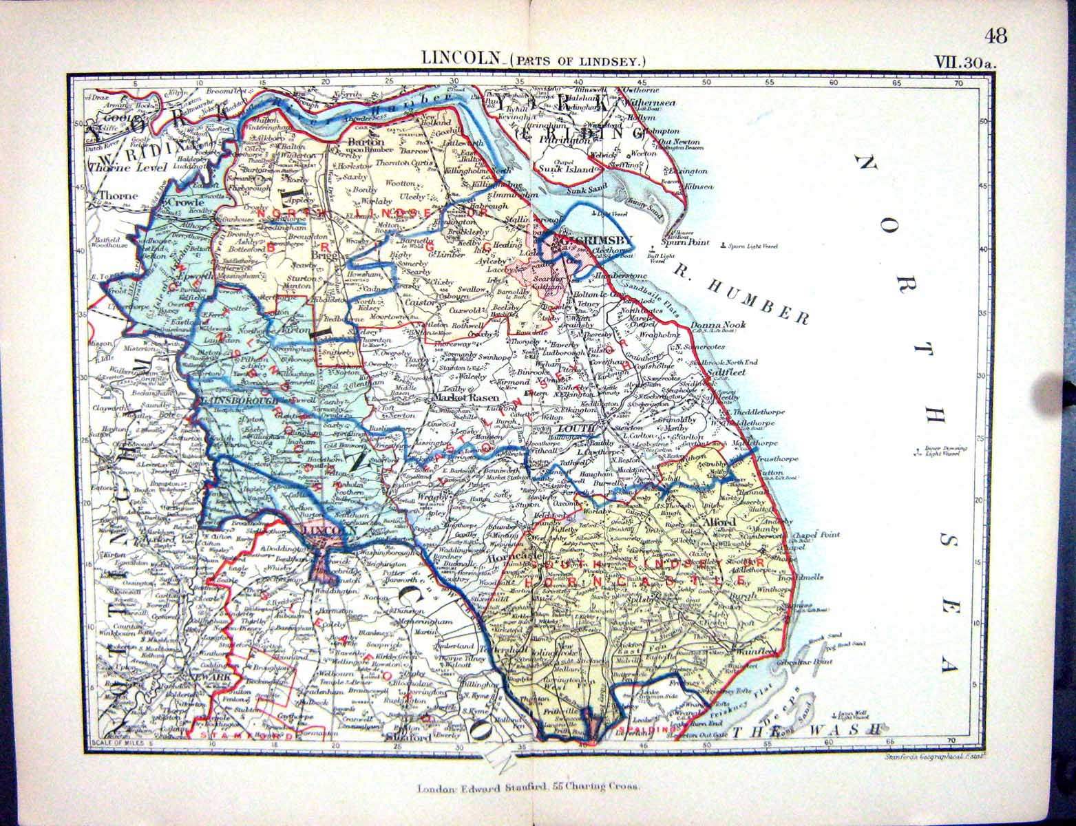 Old Stanford Map 1885 Lincoln England Louth Gainsborough Alford Grims Victorian