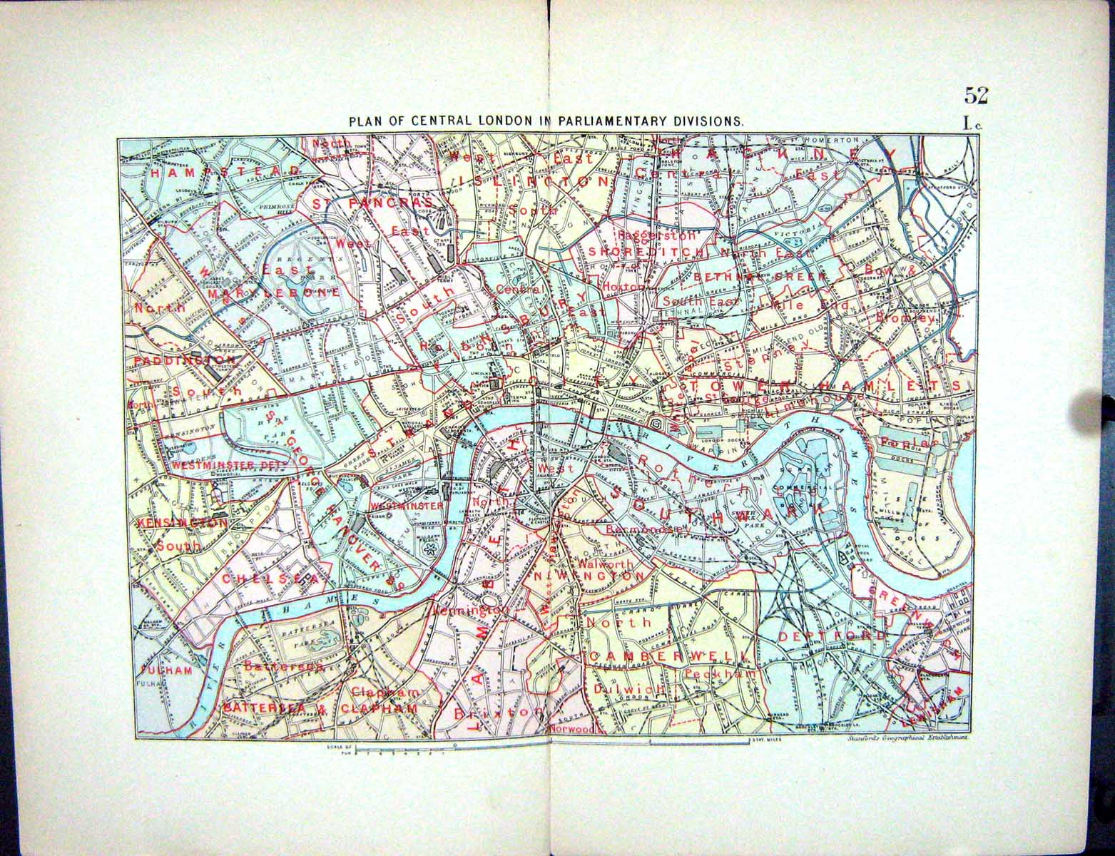 Antique Print Stanford Map 1885 Plan Central London Parliamentary Divisions