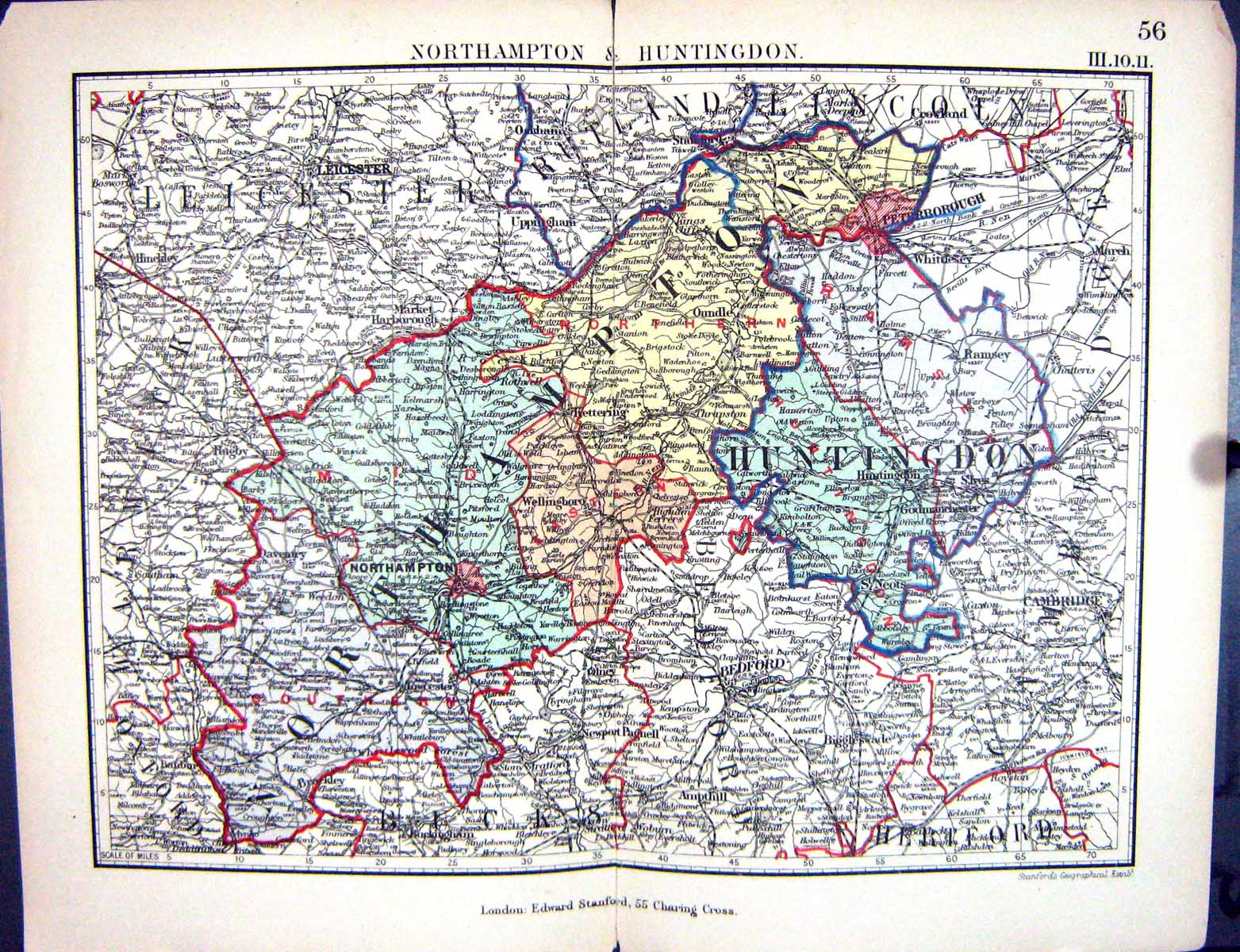 Old Stanford Map 1885 Northampton Huntingdon England Bedford Cambridg Victorian