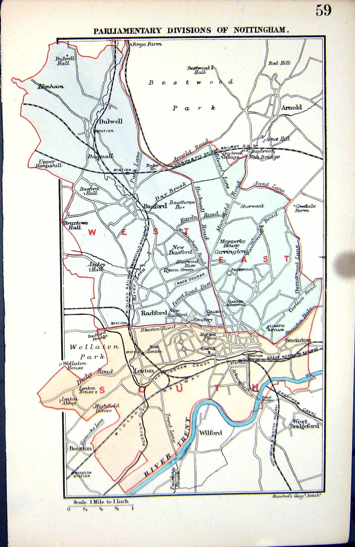 Antique Print Stanford Map 1885 Parliamentary Divisions Nottingham England 19th