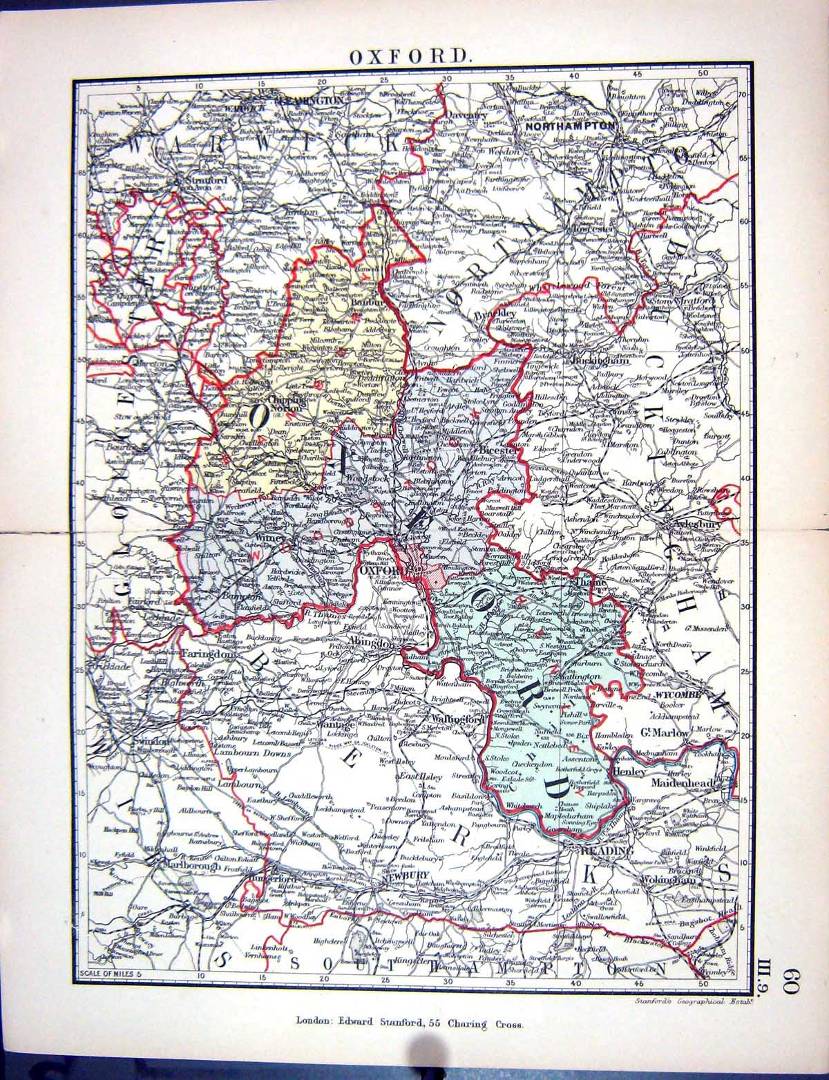 Old Stanford Map 1885 Oxford England Chipping Norton Bicester Reading Victorian