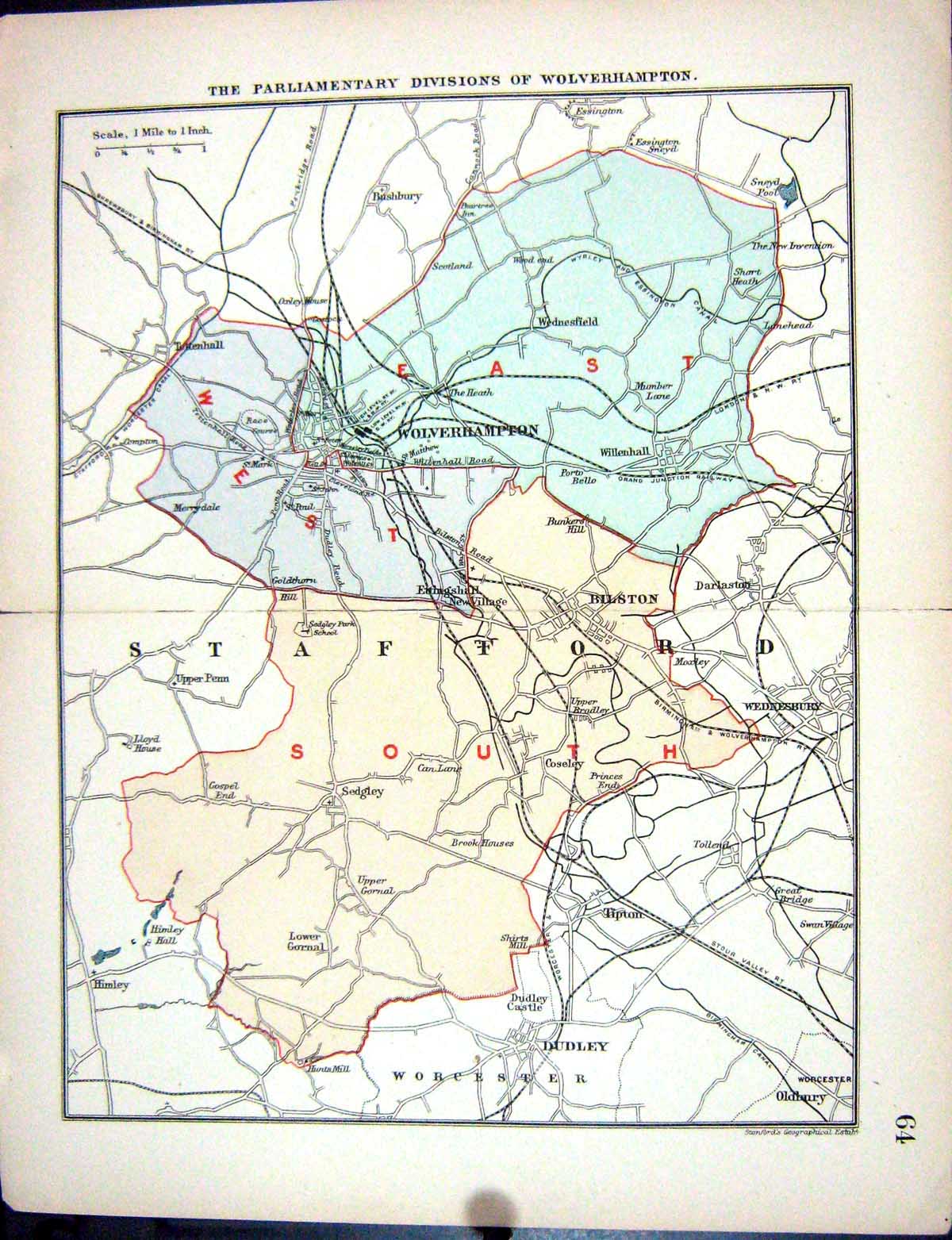 Old Print Stanford Map 1885 Parliamentary Divisions Wolverhampton Bilston 19th