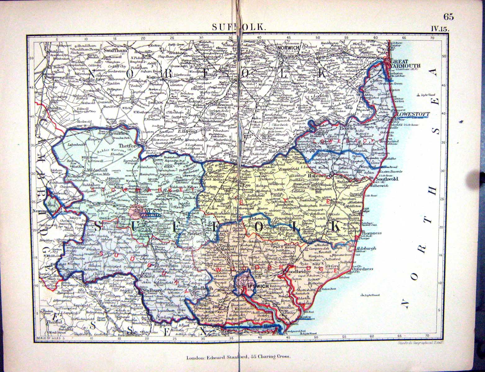 Old Stanford Map 1885 Suffolk England Great Yarmouth Bury Edmunds Ips Victorian
