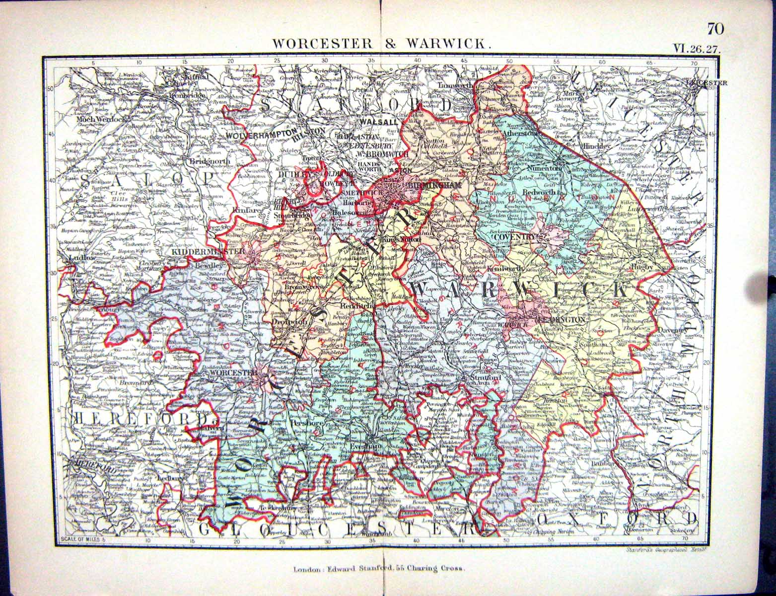 Old Stanford Map 1885 Worcester Warwick England Birmingham Leamington Victorian