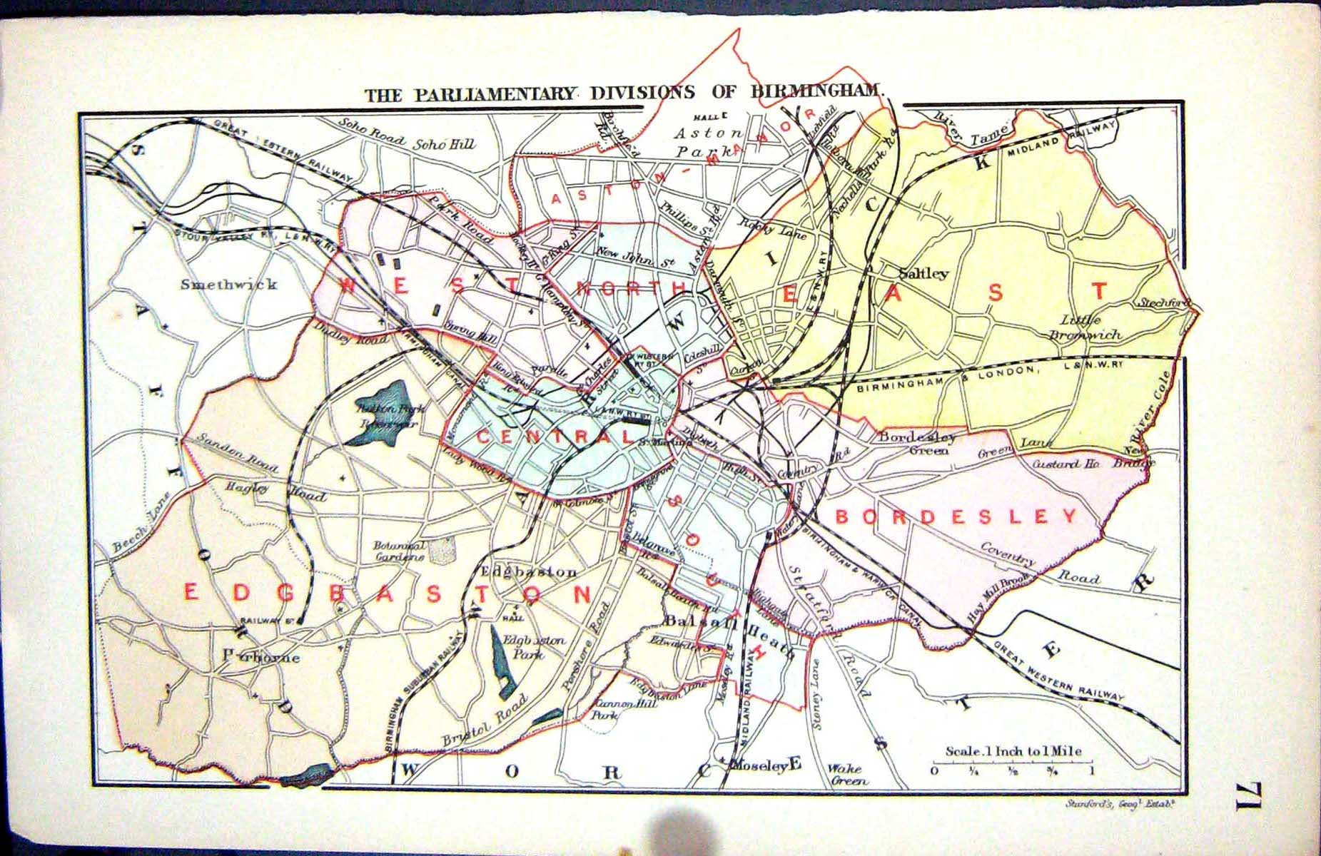 Old Stanford Map 1885 Parliamentary Divisions Birmingham England Plan Victorian