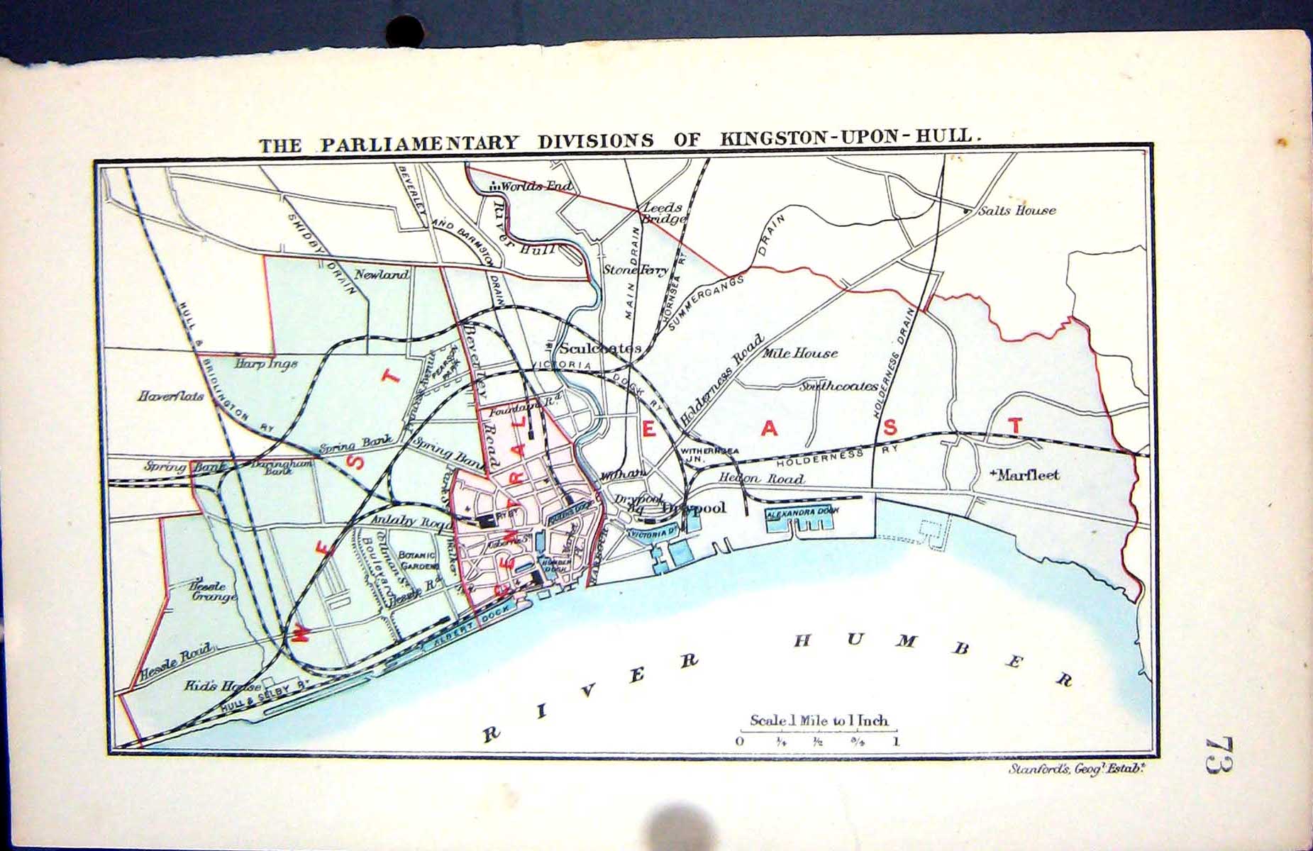 Old Stanford Map 1885 Parliamentary Divisions Kingston-Upon-Hull Engl Victorian