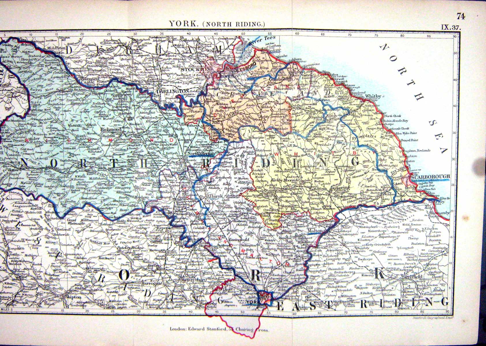 Antique Print Stanford Map 1885 York Richmond England Scarborough Stockton 19th
