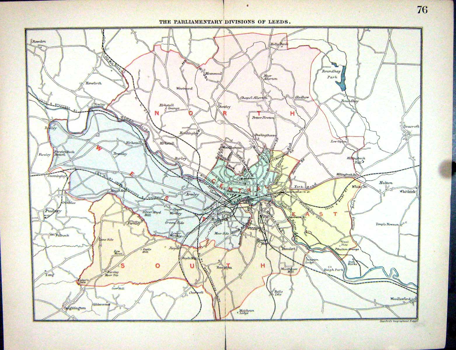 Antique Print Stanford Map 1885 Parliamentary Divisions Leeds England Plan 19th