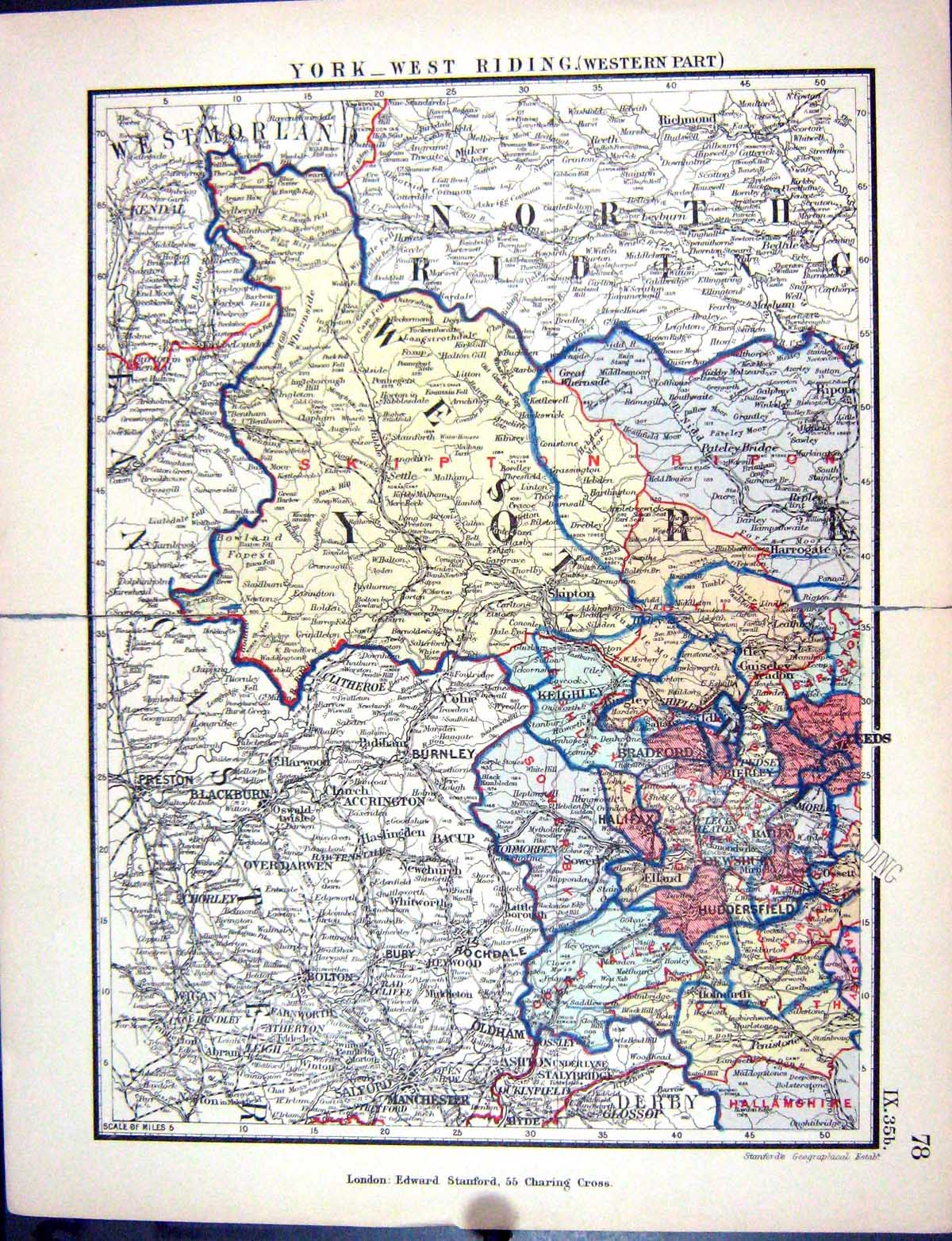 Old Stanford Map 1885 York West Riding England Bradford Huddersfield Victorian