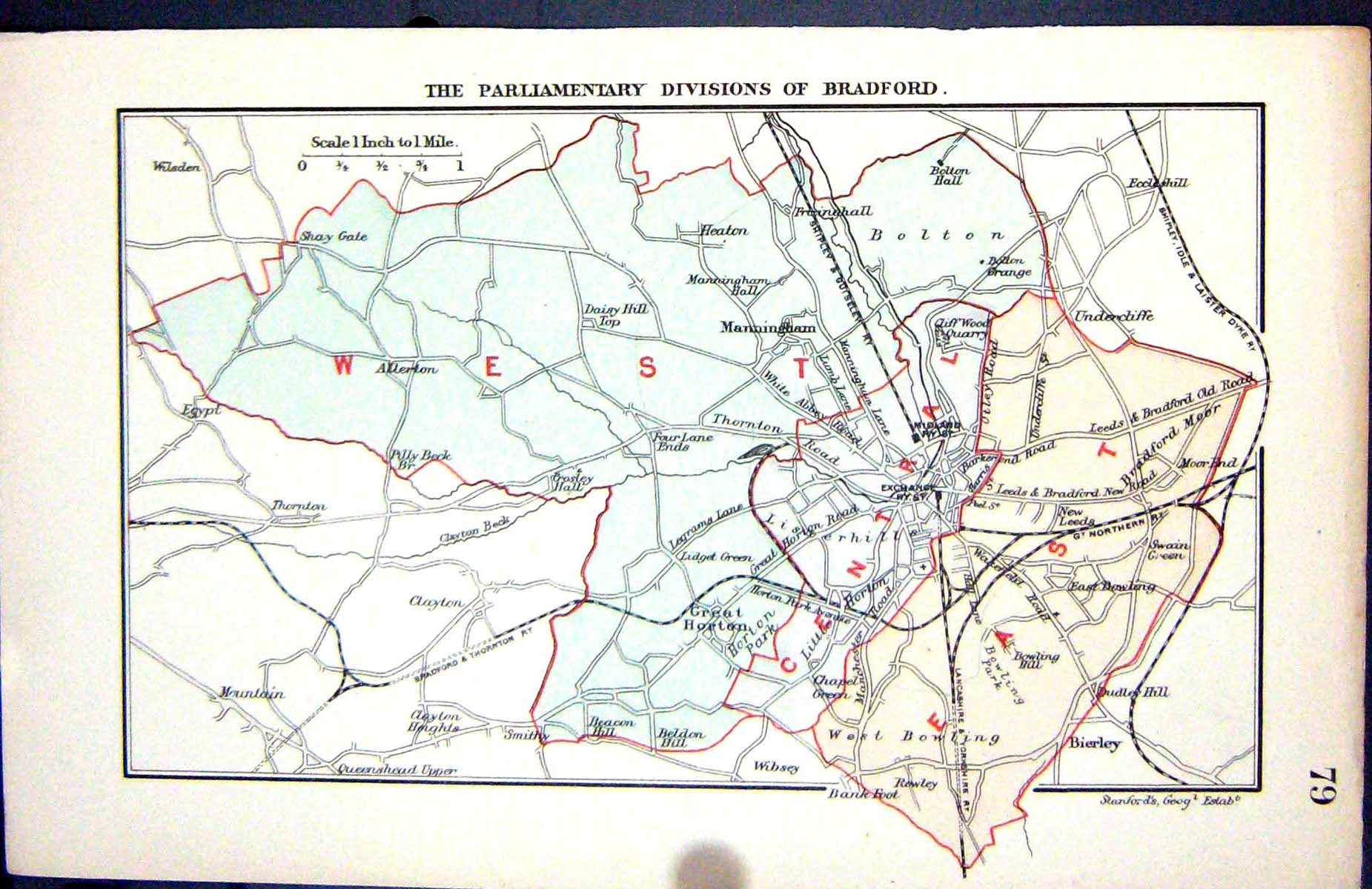 Old Print Stanford Map 1885 Parliamentery Divisions Bradford England Plan 19th