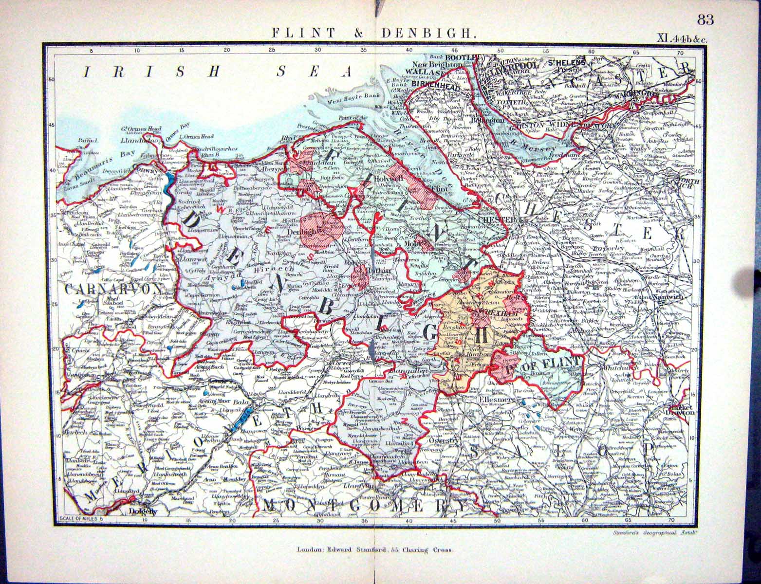 Old Stanford Map 1885 Flint Denbirgh England Birkenhead Liverpool Wre Victorian