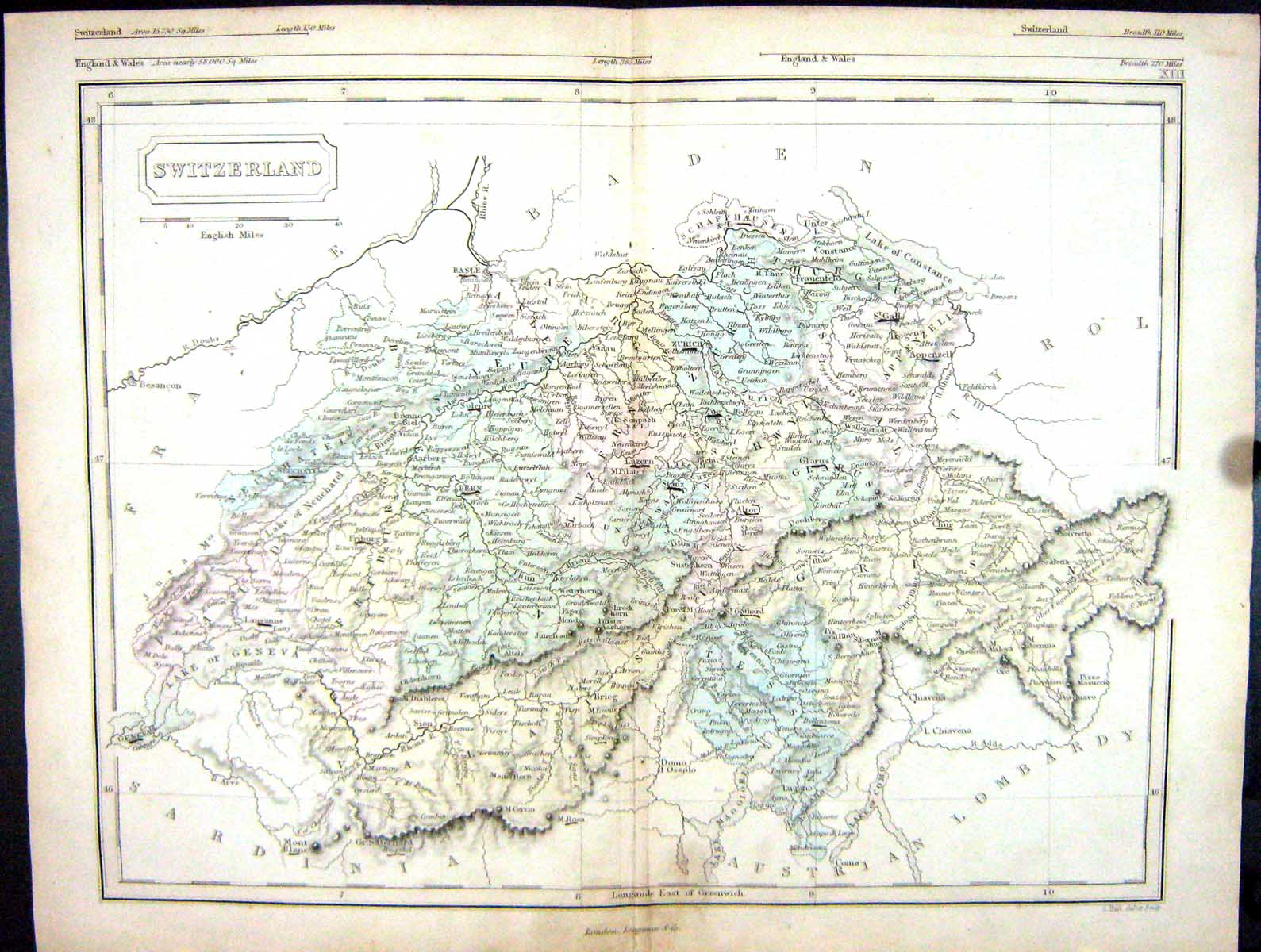 Old Antique Print Butler Map 1851 Switzerland Zurich Bern Lake Constance 19th