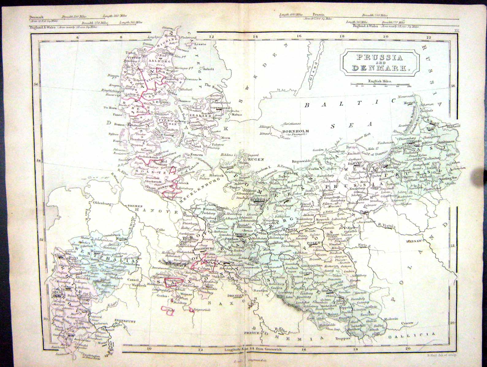 Old Print Hall Butler Map 1851 Prussia Denmark Bornholm Baltic Sea Rugen 19th